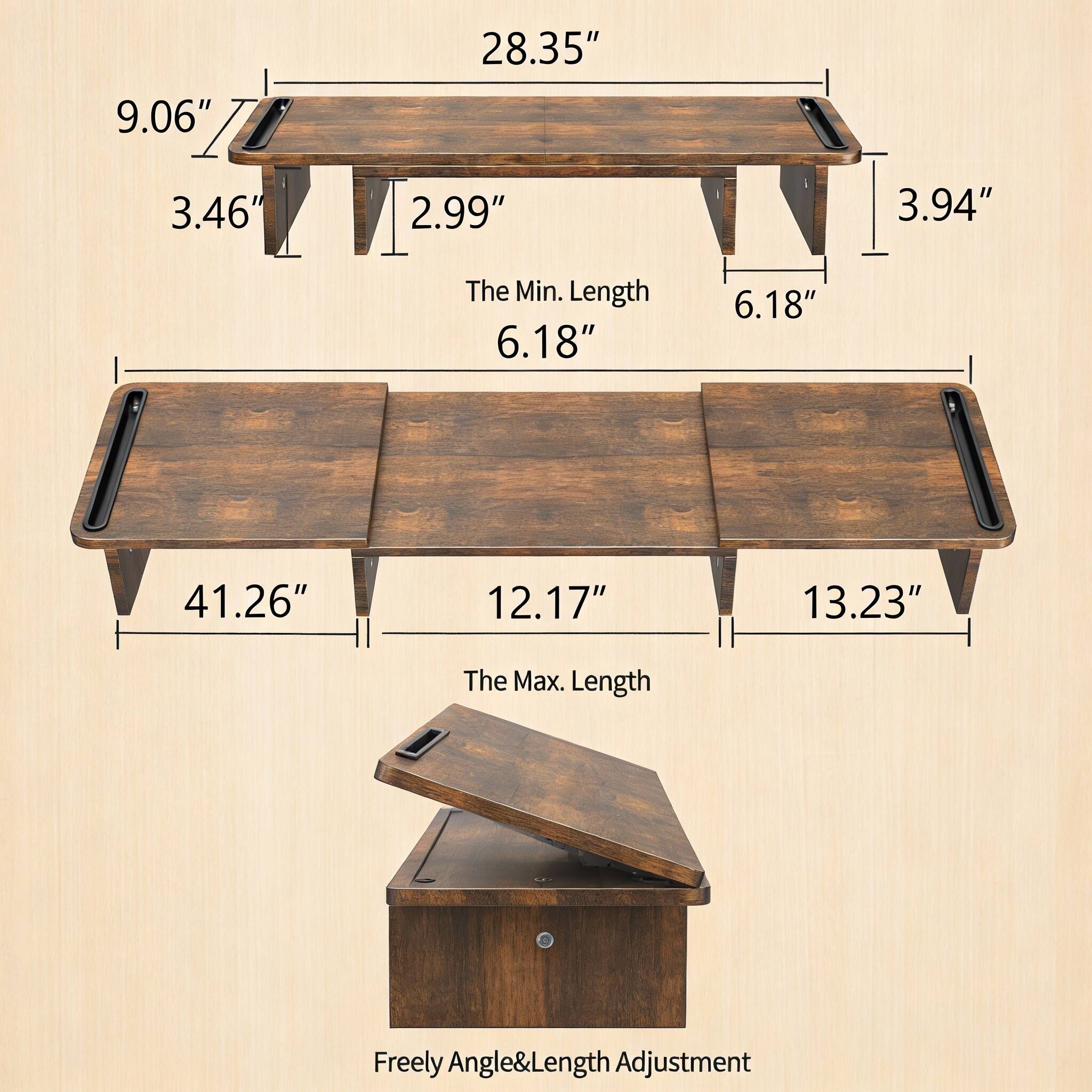 9.06" 28.35" 3.46" 2.99" 3.94"  
The Min. Length 6.18" 6.18" 41.26" 12.17" 13.23"  
The Max. Length  
Freely Angle&Length Adjustment