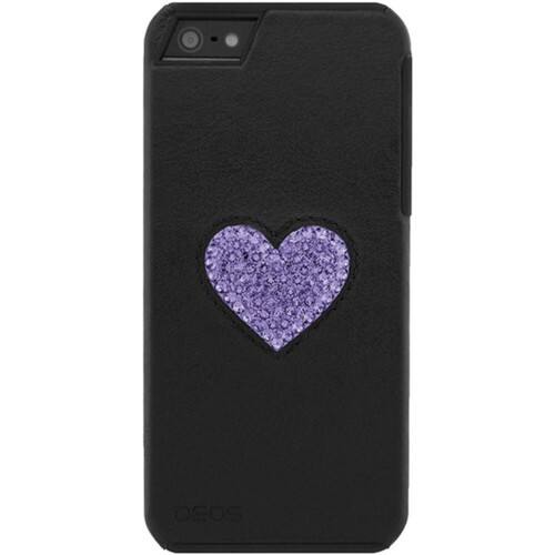 Front Standard. Deos - Leather & Crystal Case for Apple iPhone 5/5S - Black/Violet - Black/Violet Tanzanite Heart.