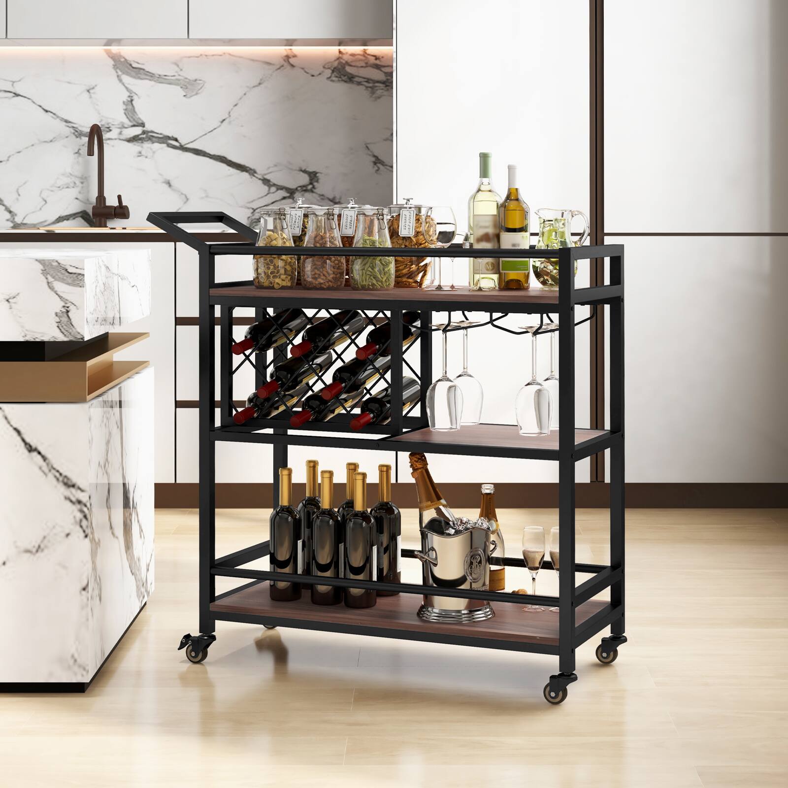 Alt View 1. Ecooso - 3-tier Bar Cart on Wheels Home Kitchen Serving Cart with Wine Rack and Glasses Holder - Brown.