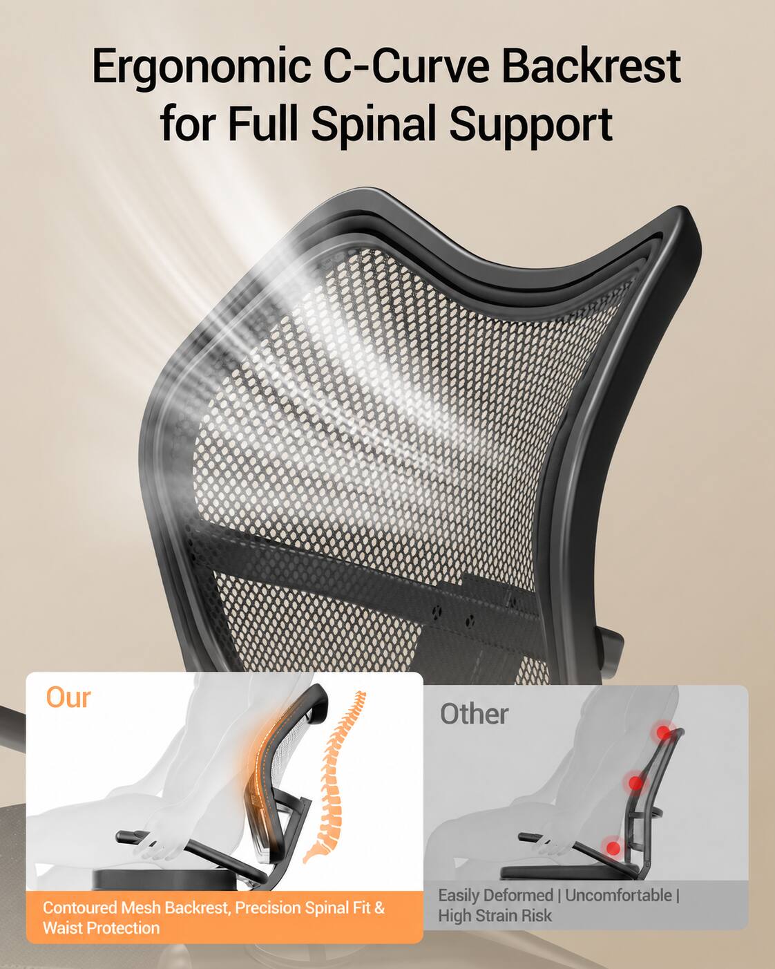 Ergonomic C-Curve Backrest for Full Spinal Support

Our Contoured Mesh Backrest, Precision Spinal Fit & Waist Protection

Other Easily Deformed | Uncomfortable | High Strain Risk