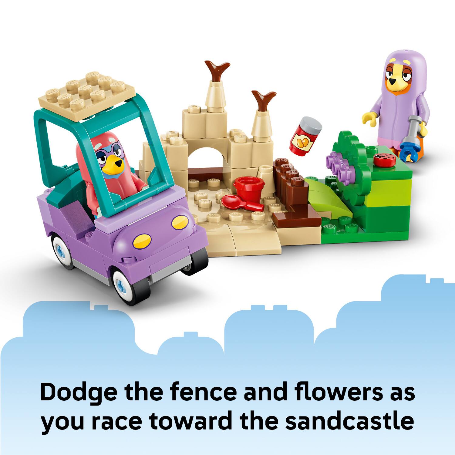 Dodge the fence and flowers as you race toward the sandcastle