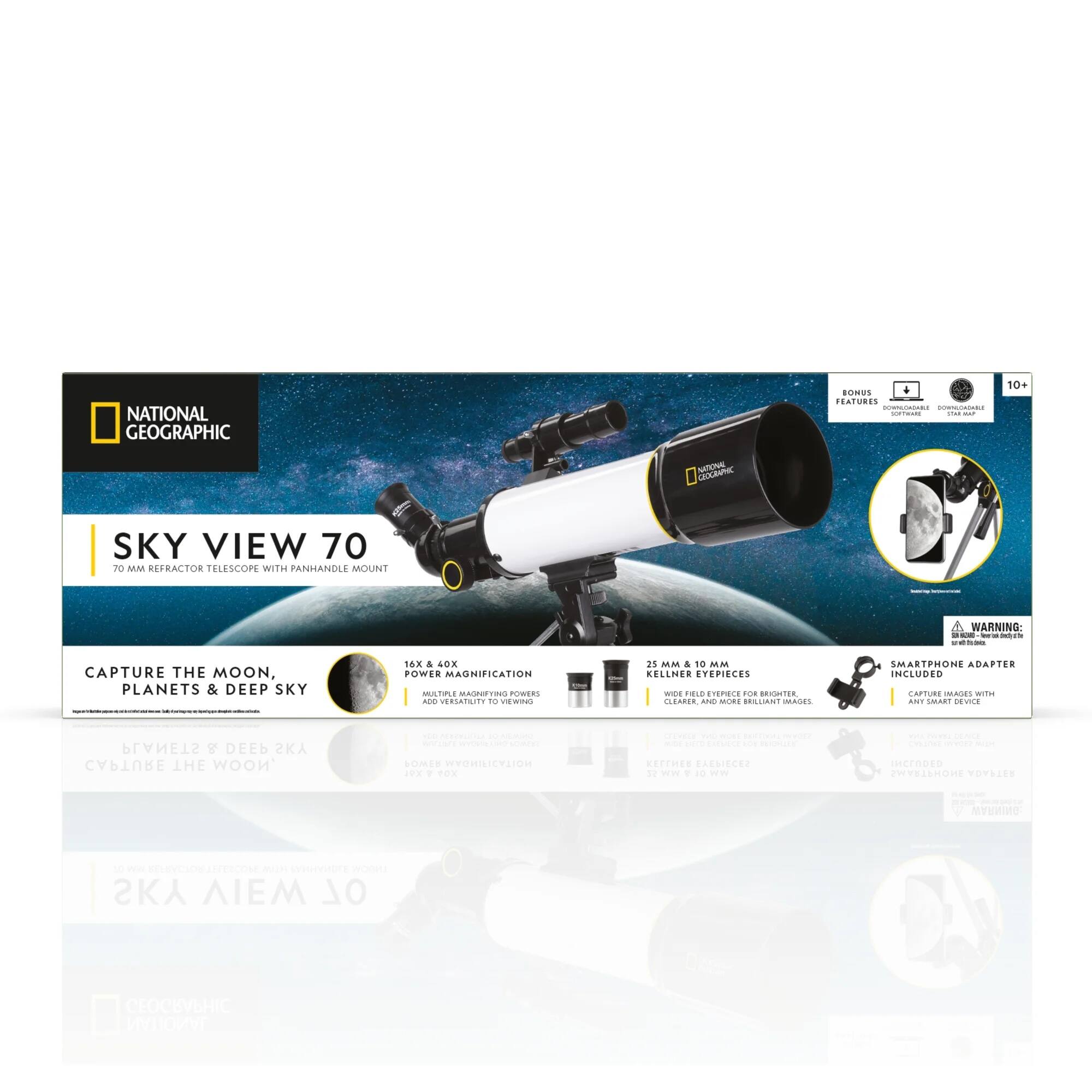 NATIONAL GEOGRAPHIC  
SKY VIEW 70  
70 MM REFRCTOR TELESCOPE WITH PANHANDLE MOUNT  

FEATURES:  
- CAPTURE THE MOON, PLANETS & DEEP SKY  
- 16X & 40X POWER MAGNIFICATION  
- MULTIPLE MAGNIFYING POWERS ADD VERSATILITY TO VIEWING  
- 25 MM & 10 MM KELLNER EYEPIECES FOR BRIGHTER, CLEARER, AND MORE BRILLIANT IMAGES  
- SMARTPHONE ADAPTER INCLUDED TO CAPTURE IMAGES WITH ANY SMART DEVICE  

WARNING:  
- CAUTION:  
- KEEP OUT OF REACH OF CHILDREN  
- DO NOT STARE DIRECTLY INTO THE SUN WITH THE TELESCOPE  

10+  
- SOFTWARE  
- STAR MAP  

2KA ΛΙΕΜ ΔΟ