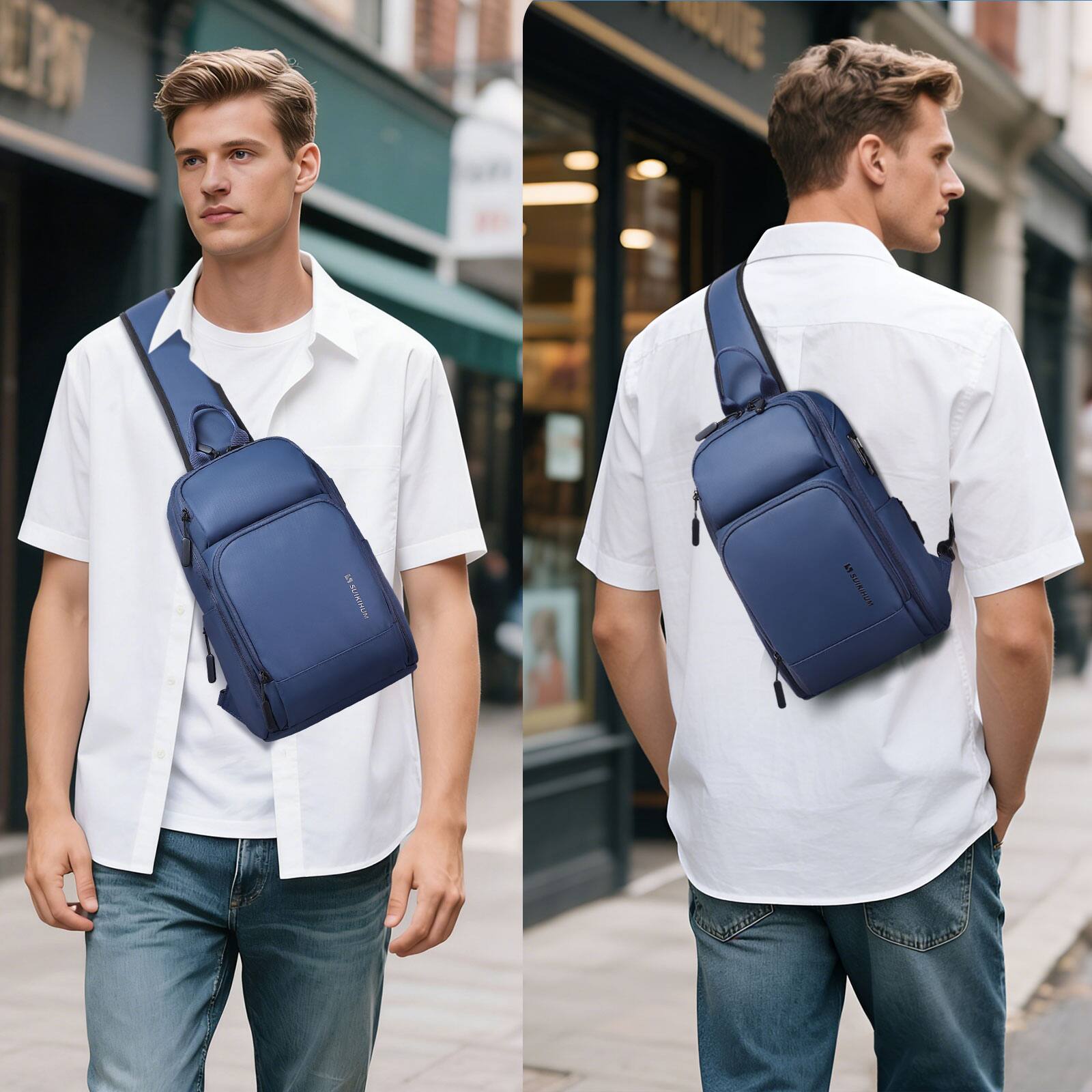 Alt View 5. Unique Bargains - Men's Sling Bag Convertible Anti Theft Sling Backpack 11" One Shoulder Crossbody Backpack with USB Charging Port - Dark Blue.