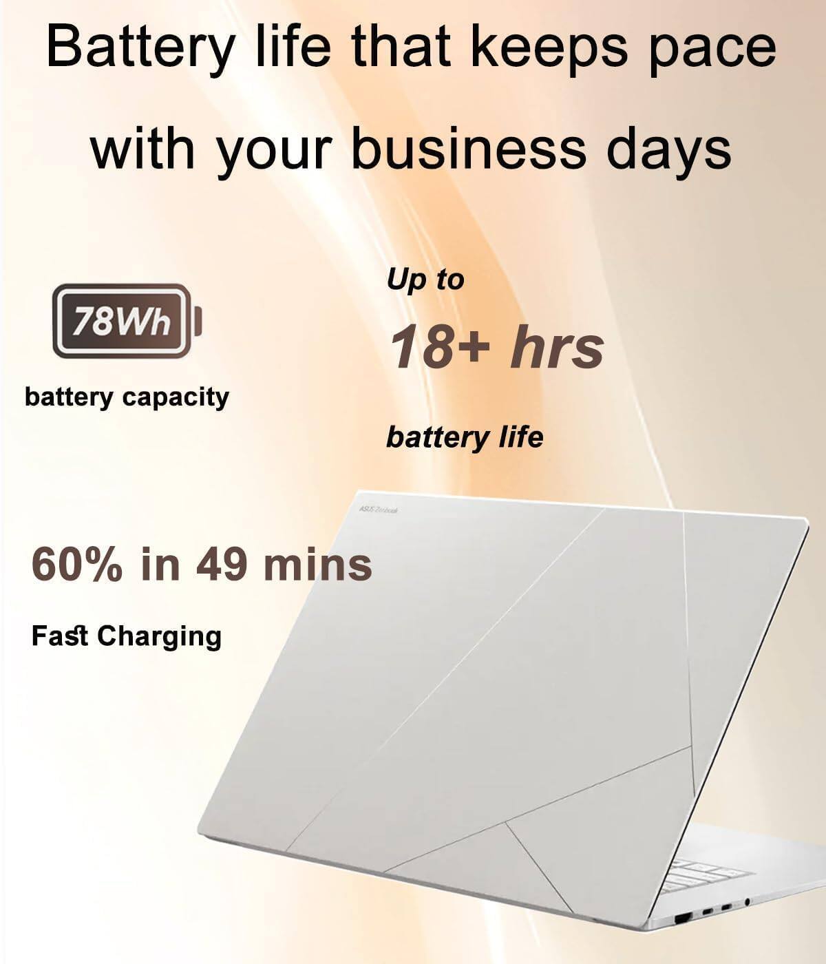 Battery life that keeps pace with your business days

78Wh battery capacity

Up to 18+ hrs battery life

60% in 49 mins

Fast Charging