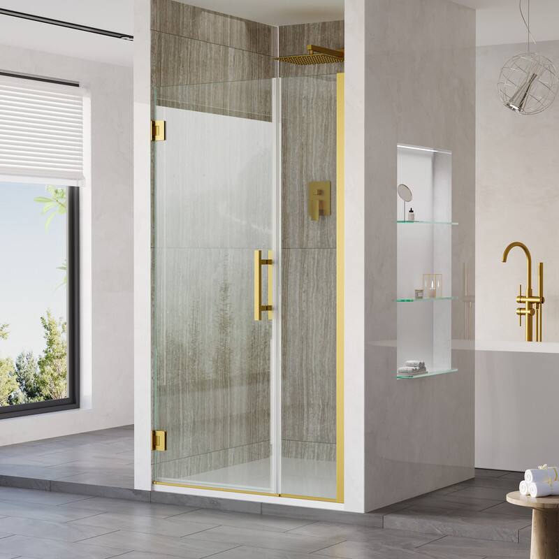 Angle. WELLFOR - 37–38 in. W x 72 in. H Frameless Hinged Shower Door with 3/8" Clear Tempered Glass, Reversible Opening - Brushed Gold.
