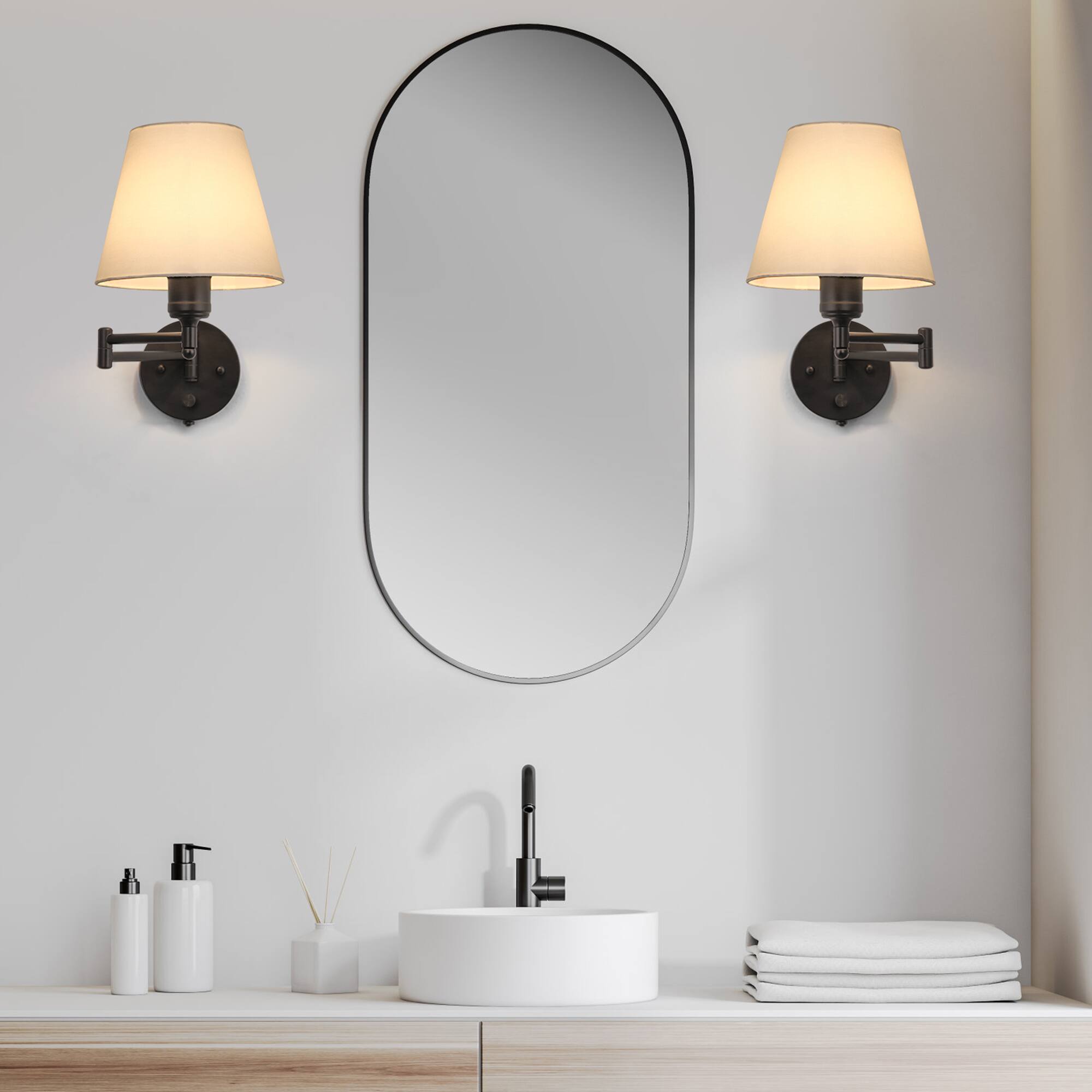 Alt View 1. Oumilen - Plug in Swing Arm Wall Sconce with Dimmer – 2 Pack Black Metal & Linen Shade Wall Lamp.