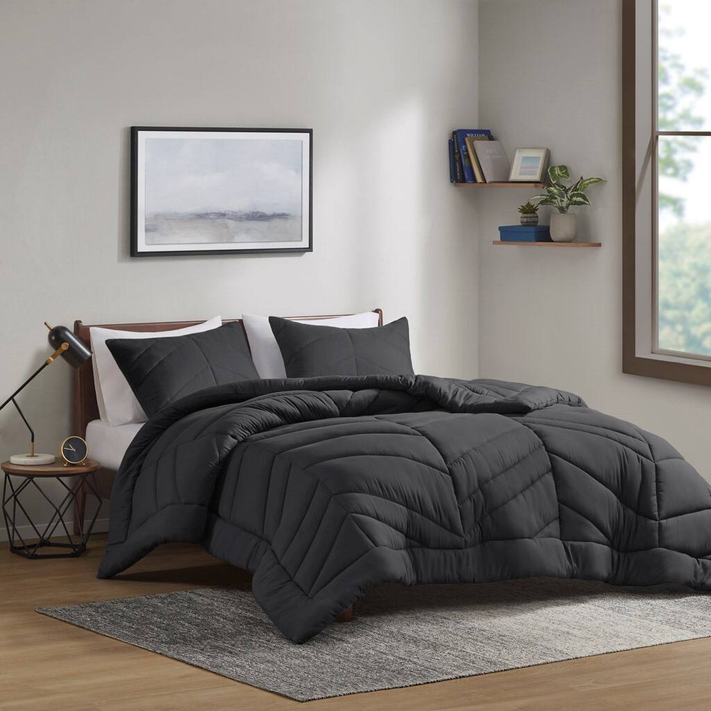 Alt View 1. Gracie Mills - Gracie Mills Solid Quilted Chevron Comforter Set with 350 GSM Polyfill - Black.