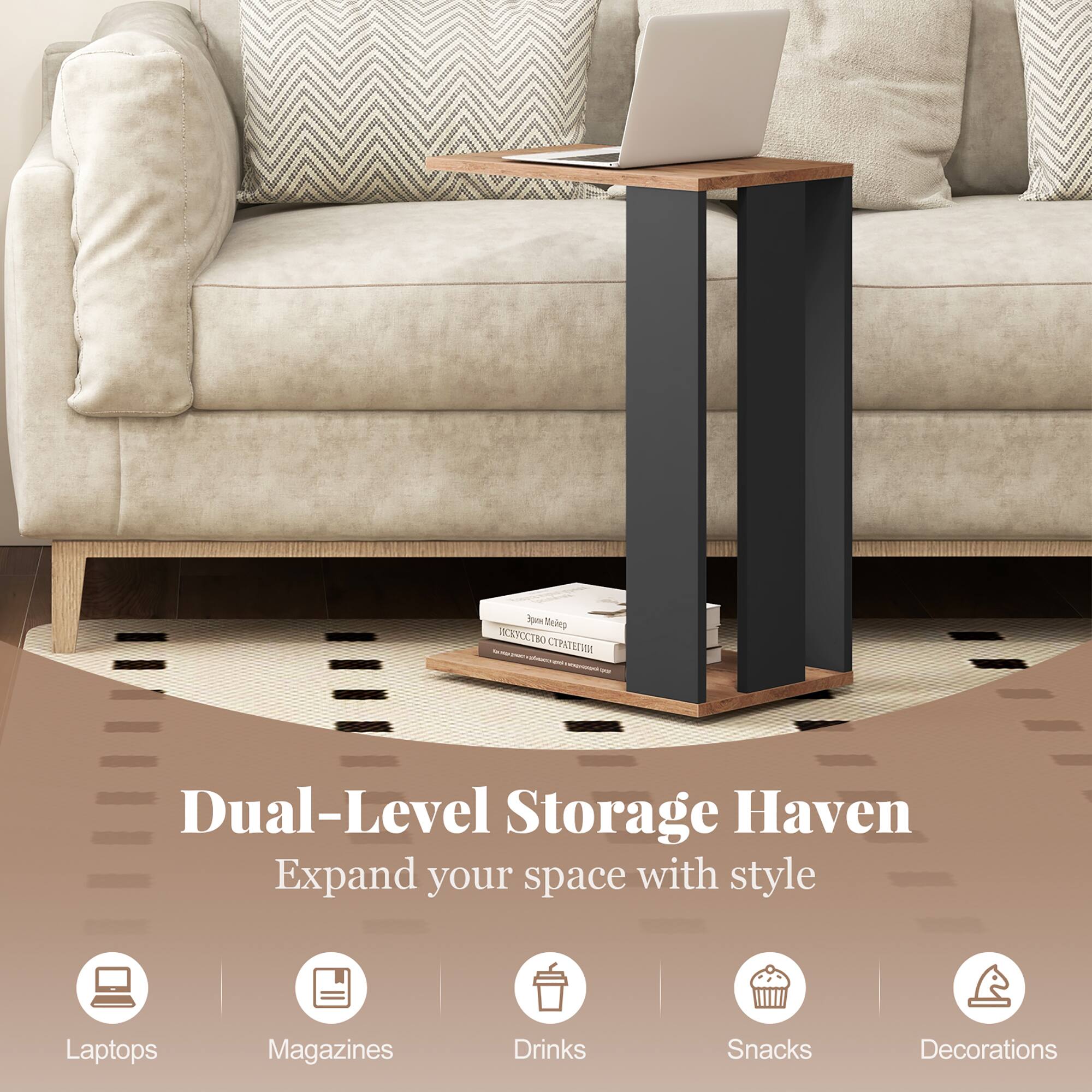 Dual-Level Storage Haven  
Expand your space with style

- Laptops
- Magazines
- Drinks
- Snacks
- Decorations