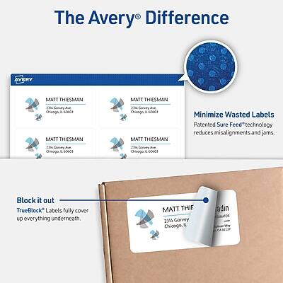 The Avery Difference

MATT THIESMAN  
21% Corvey Ave  
Chicago, IL 60601

MATT THIESMAN  
21% Gorvey Ave  
Chicago, IL 60601

MATT THIESMAN  
27% Gorvey Ave  
Chicago, IL 60603

MATT THIESMAN  
21% Gorvey Ave  
Chicago, IL 60601

Minimize Wasted Labels  
Patented Sure Feed™ technology reduces misalignments and jams.

Block it out  
TrueBlock™ Labels fully cover up everything underneath.

MATT THIESMAN  
21% Gorvey Ave  
Chicago, IL

CARILEP