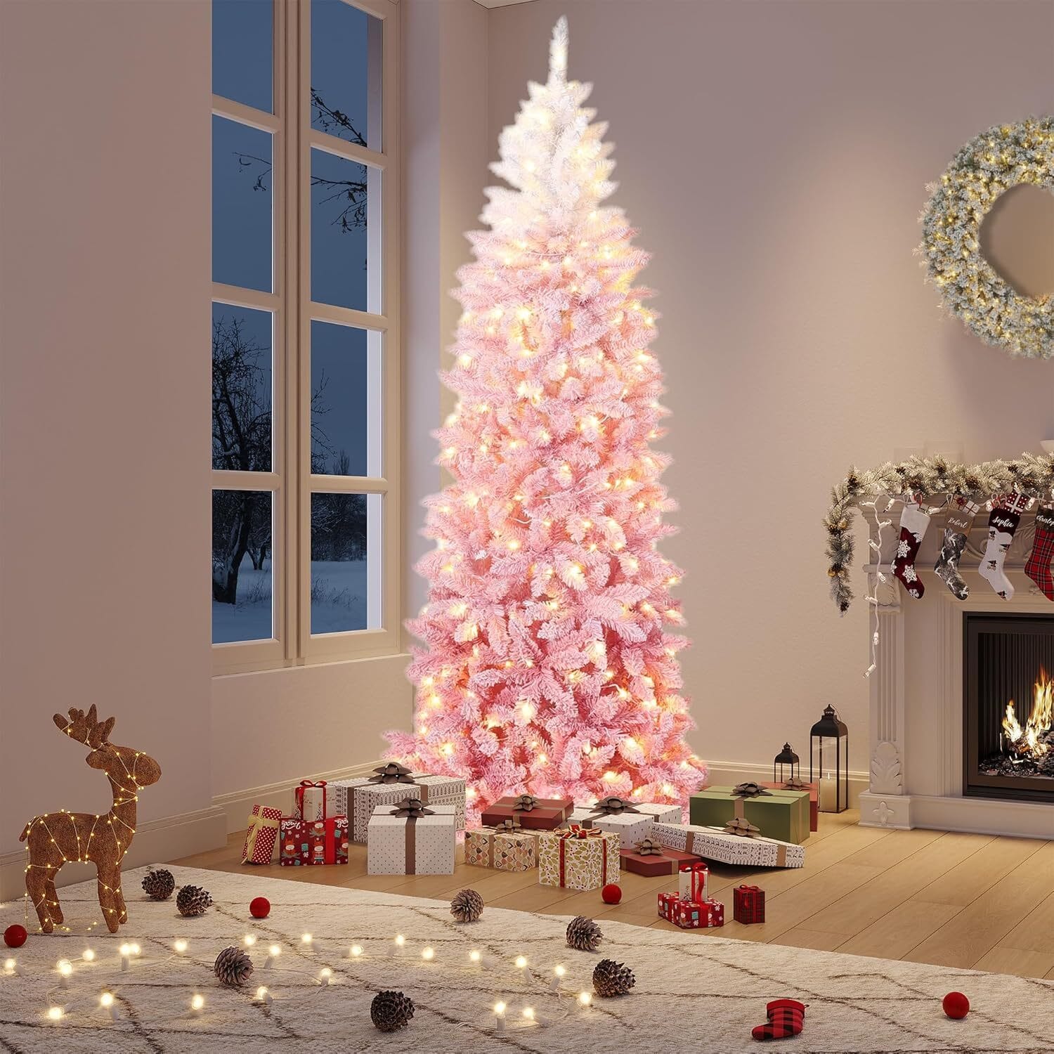 Acekool - Clearance! 6 FT Prelit Gradient Snow Flocked Christmas Tree, Slim Pencil Xmas Tree, Hinged Branches - Pink