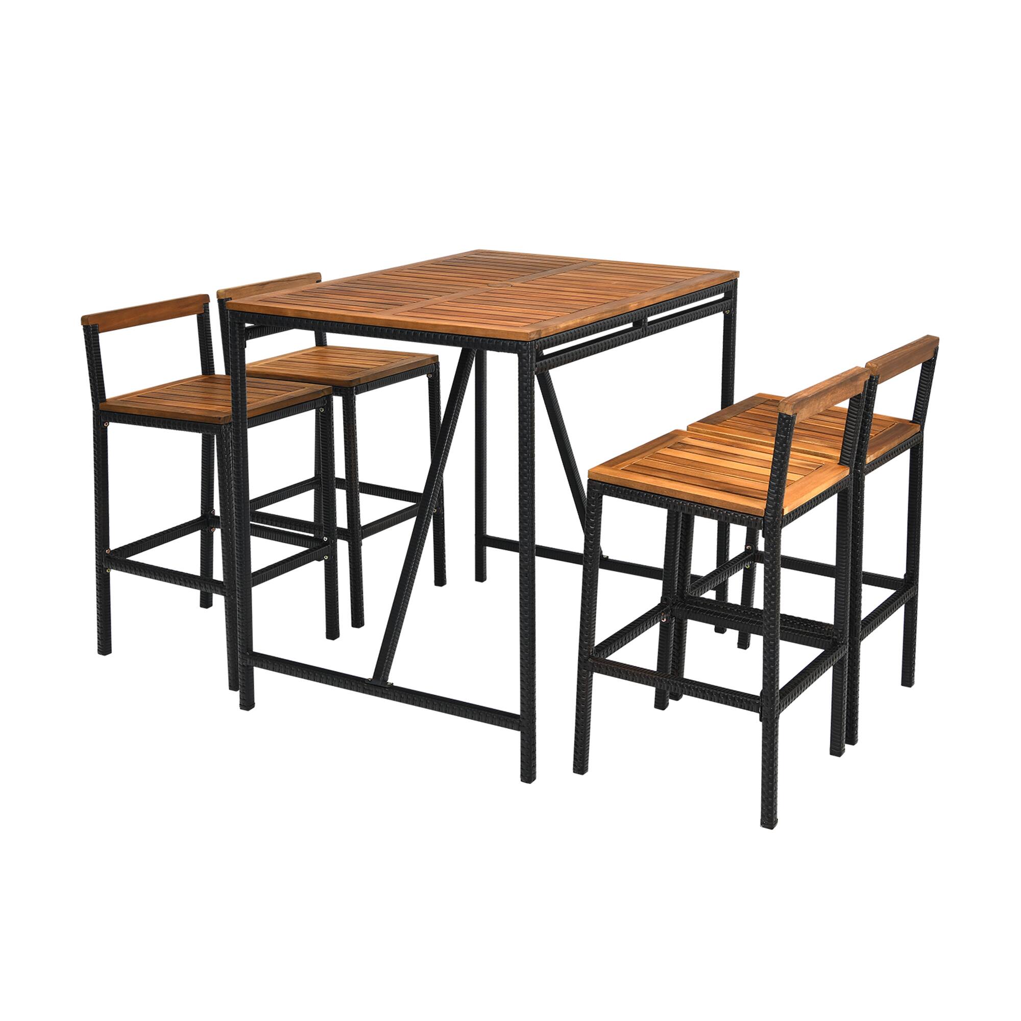 Alt View 9. Gymax - Gymax 5PCS Patio Bar Table Set PE Rattan High-Dining Bistro Set w/ Acacia Wood Top - Black.