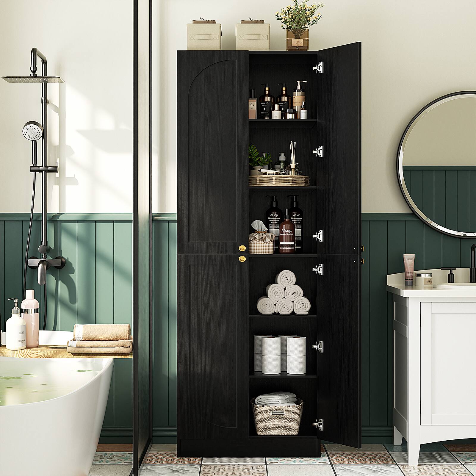 Alt View 2. Aheaplus - 80" Tall Arch Kitchen Pantry (2 Sets): 8-Door Wood Cabinet with Adjustable Shelves, Wall-Fit for Multi-Room - Black.