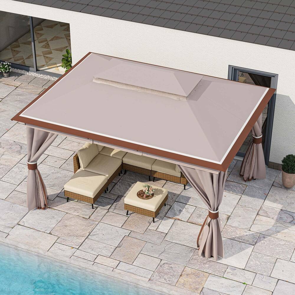 Alt View 1. Yardgrace - 10x13 FT Outdoor Heavy Duty Metal Frame Gazebo Double Roof Mosquito Net Privacy Screen Patio Backyard Garden - Brown.