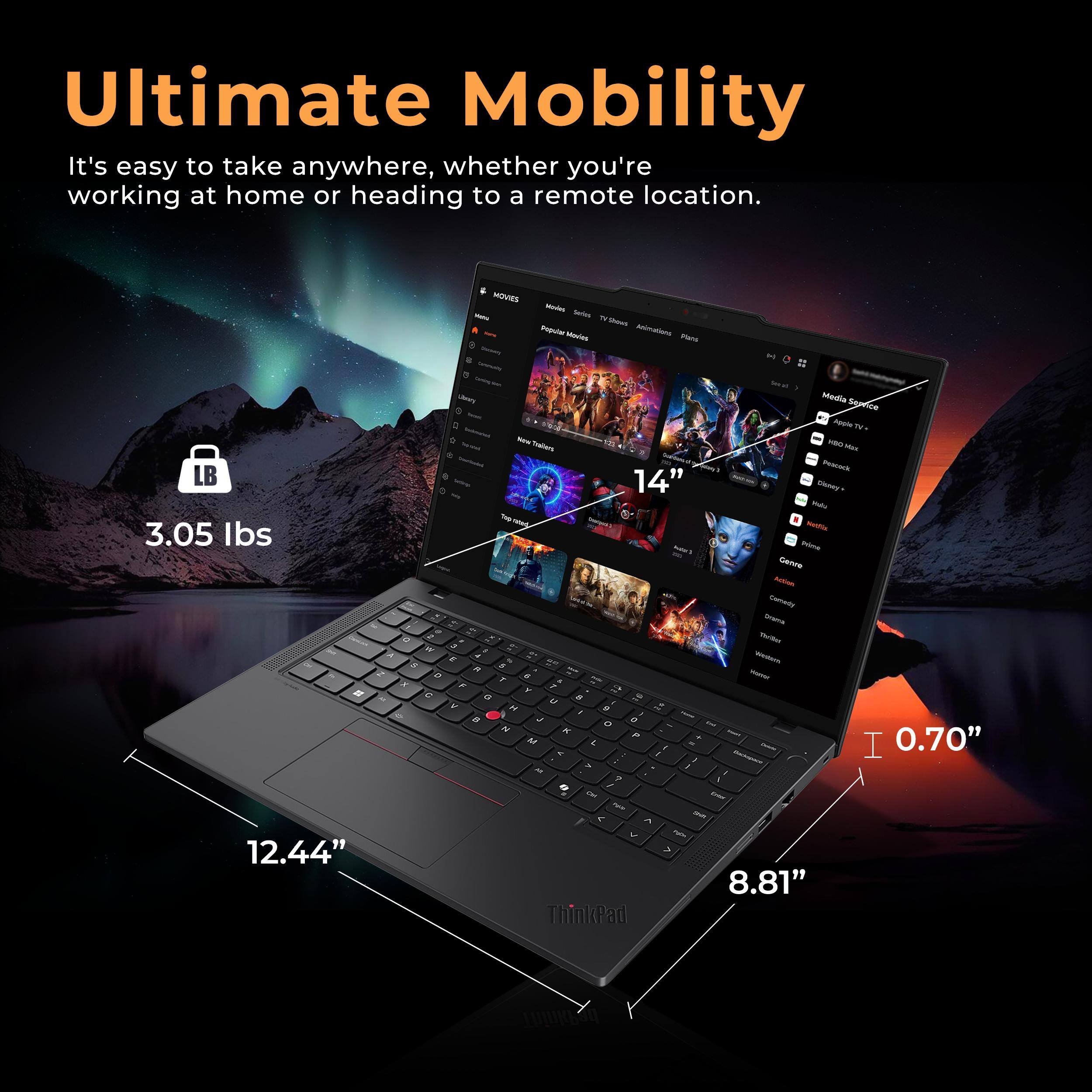 Ultimate Mobility  
It's easy to take anywhere, whether you're working at home or heading to a remote location.  

3.05 lbs  
12.44"  
14"  
0.70"  
8.81"  

ThinkPad U