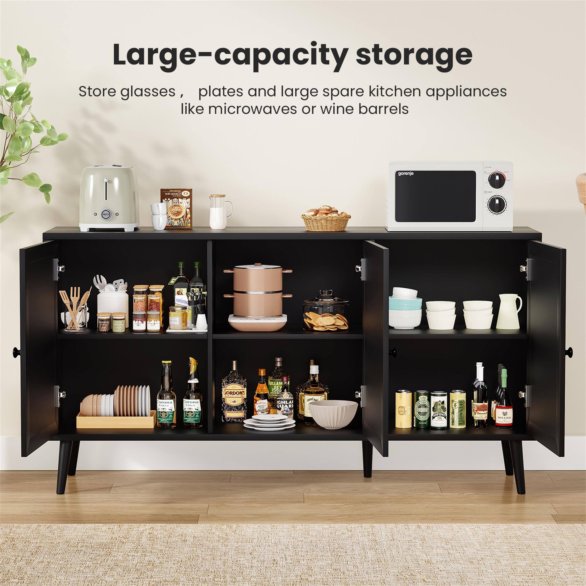 Large-capacity storage  
Store glasses, plates and large spare kitchen appliances like microwaves or wine barrels