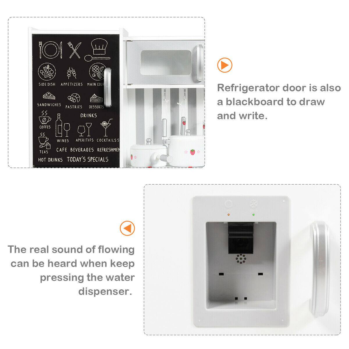 SIDE DISHES APPETIZERS MAIN COURSE SANDWICHES PASTRIES DESSERTS DRINKS COFFEES WINES APERITIFS COCKTAILS Refrigerator door is also a blackboard to draw and write. CAFE BEVERAGES REFRESHMENTS TEAS HOT DRINKS TODAY'S SPECIALS The real sound of flowing can be heard when keep pressing the water dispenser.