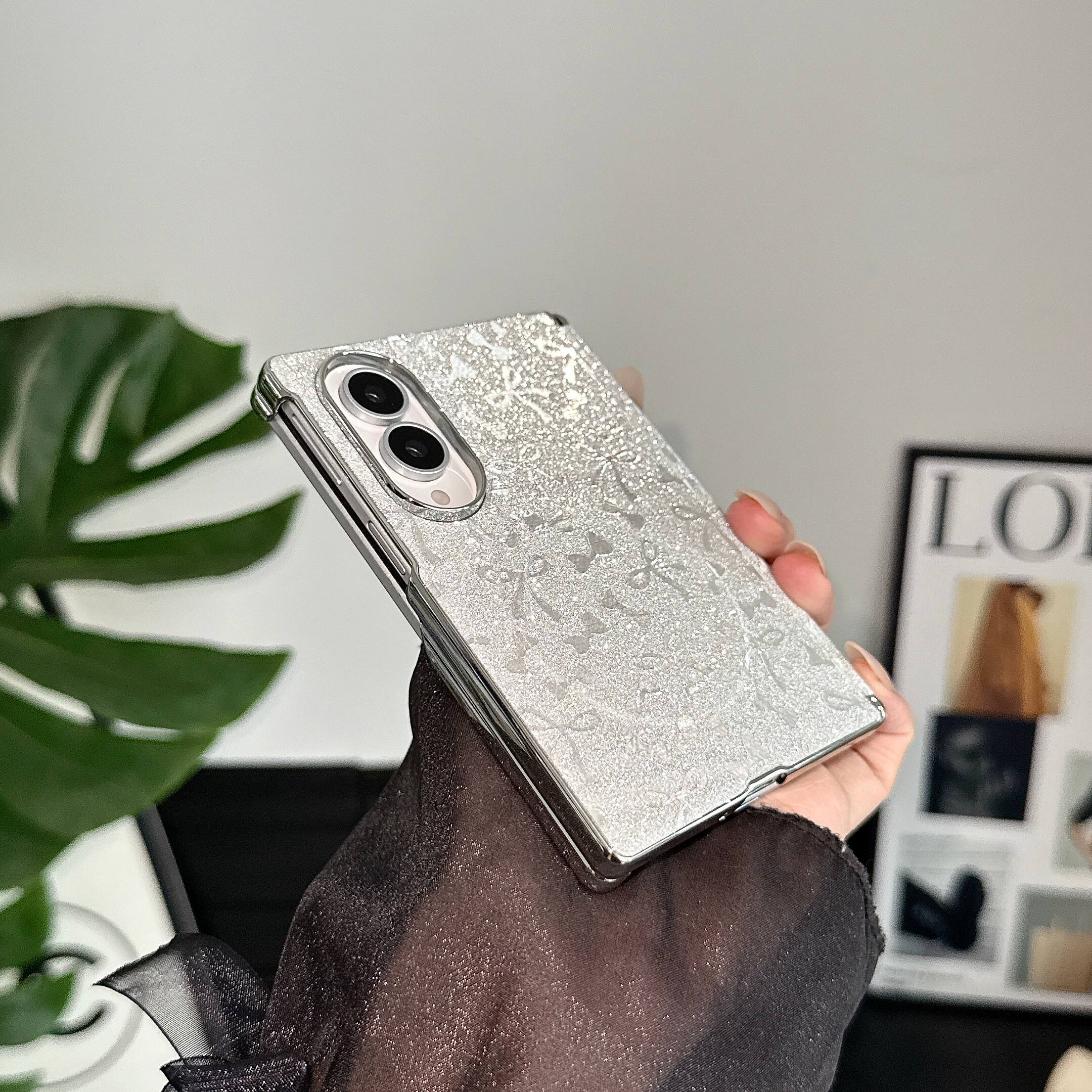 Left. Dteck - Glitter Electroplated Frame Case for Samsung Galaxy Z Fold8, Faux Leather Rigid Plastic Magnetic Hinge Protection Cover - Pink.