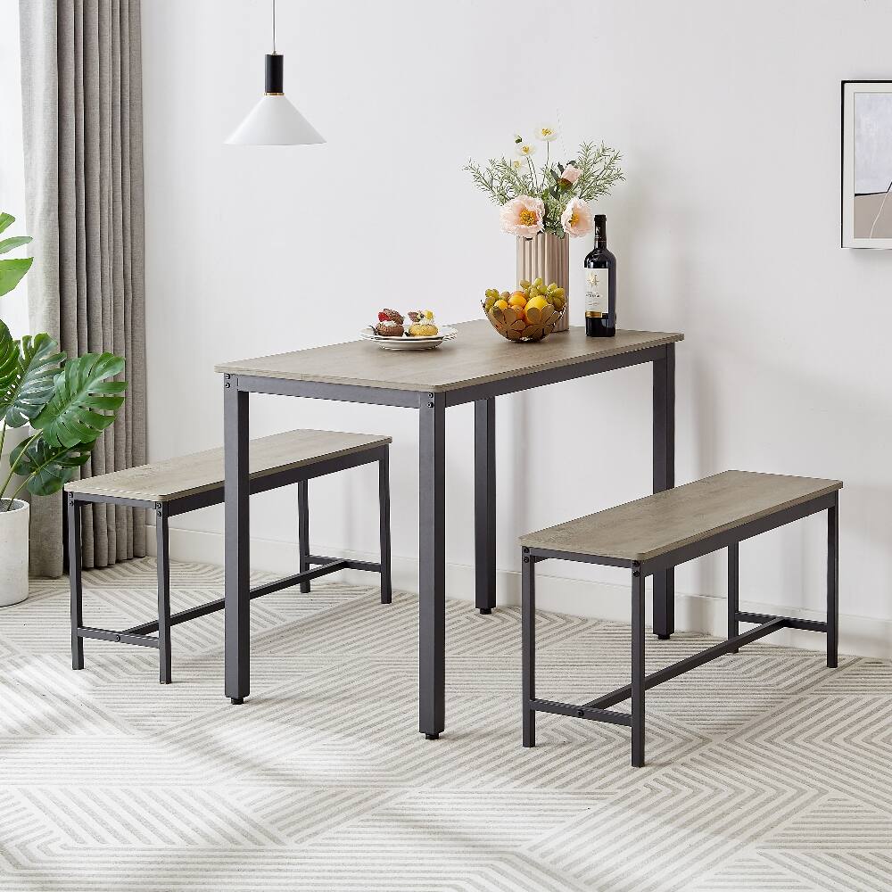 Angle. Loheer - Loheer Dining Table Set Industrial Kitchen Table with 2 Stowable Benches Space Saving 3 Piece Rustic Grey - Grey.