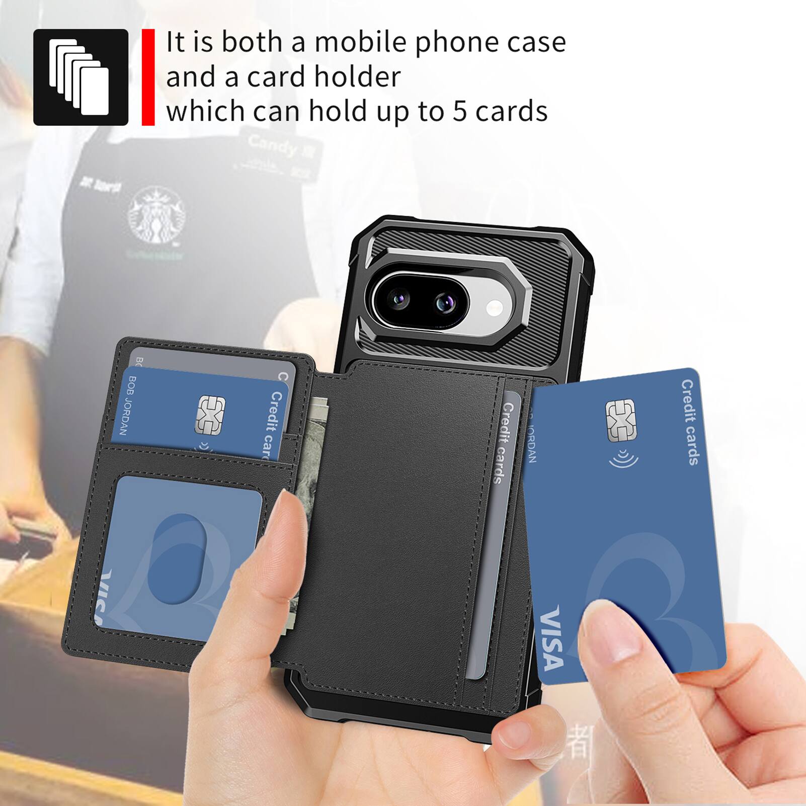 It is both a mobile phone case and a card holder which can hold up to 5 cards.