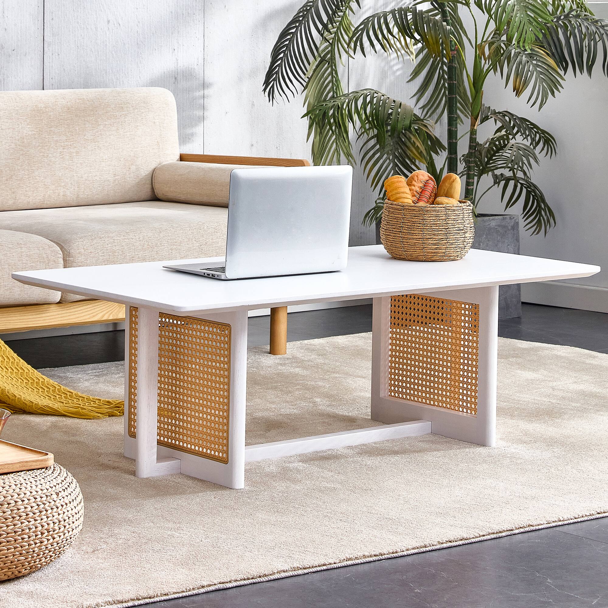 Alt View 8. Ecooso - Chinese style white solid wood and imitation rattan coffee table, rectangular solid wood coffee low table - White.