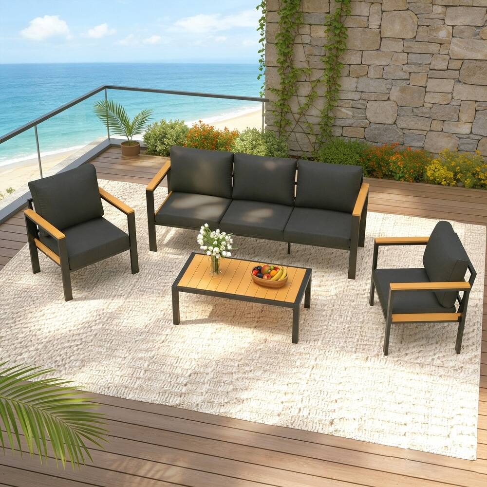 Front. U-HOMY - 4-Piece Patio Conversation Set with Table, All-Weather Aluminum Furniture for Outdoor Living - Black.