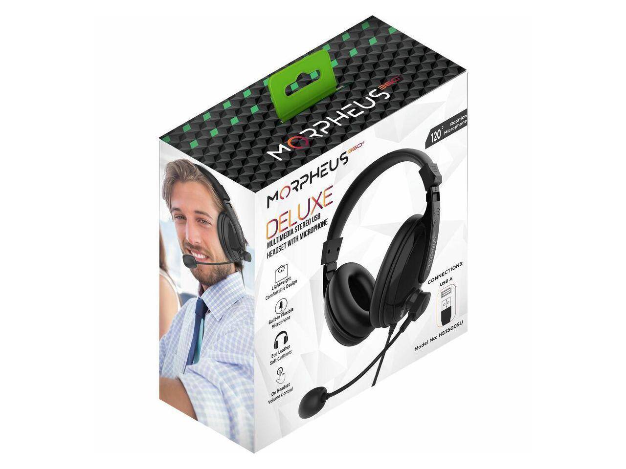 360 MORPHEUS Rotation 120°. Microphone 360 MORPHEUS DELUXE MULTIMEDIA WITH STEREO MICROPHONE 8S3 HEADSET 8 CONNECTIONS: USB A. Comfortable Adjustable Design. Built-in Flexible Microphone. Eco Leather Soft Cushions. On-Headset Volume Control. Model No: H35500SU