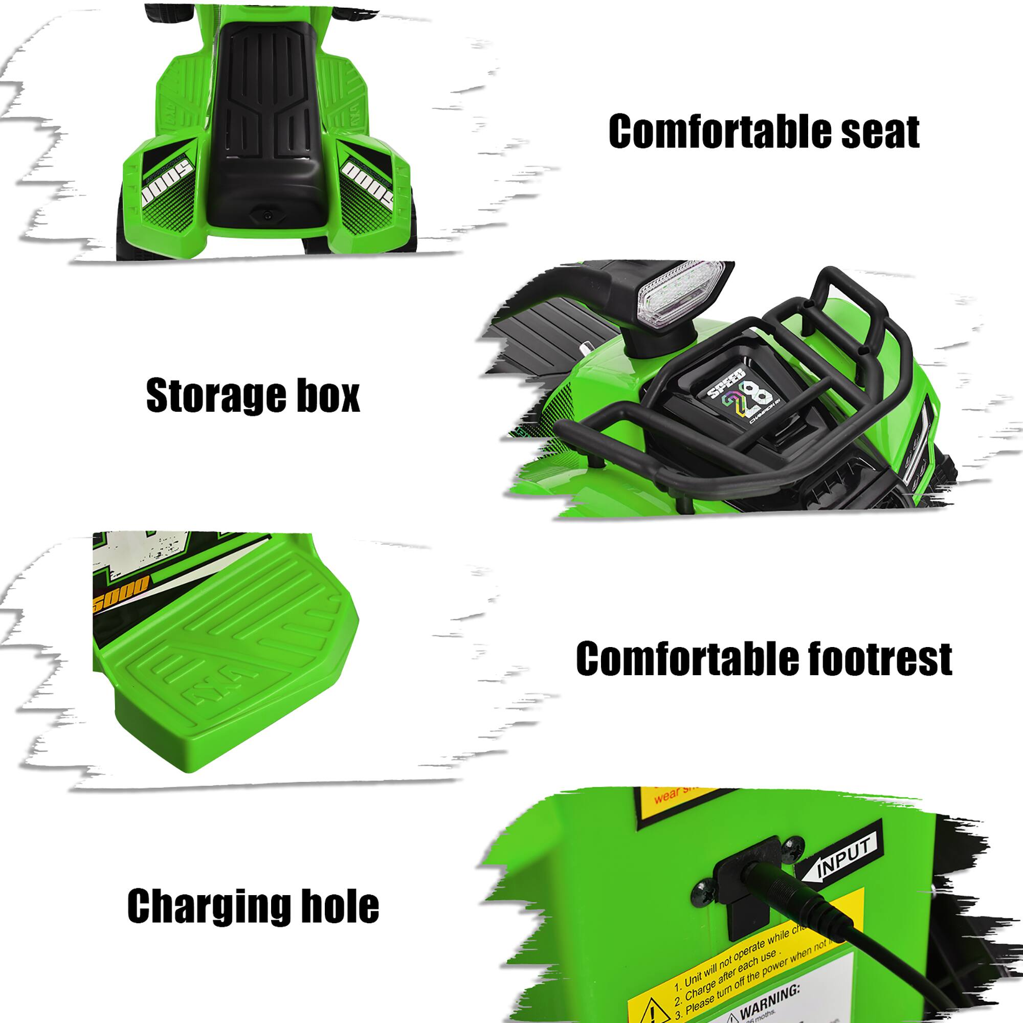 - Comfortable seat
- Storage box
- Comfortable footrest
- Charging hole

**Warning:**
1. Unit will not operate while charging.
2. Charge after each use.
3. Please turn off the power when not in use.