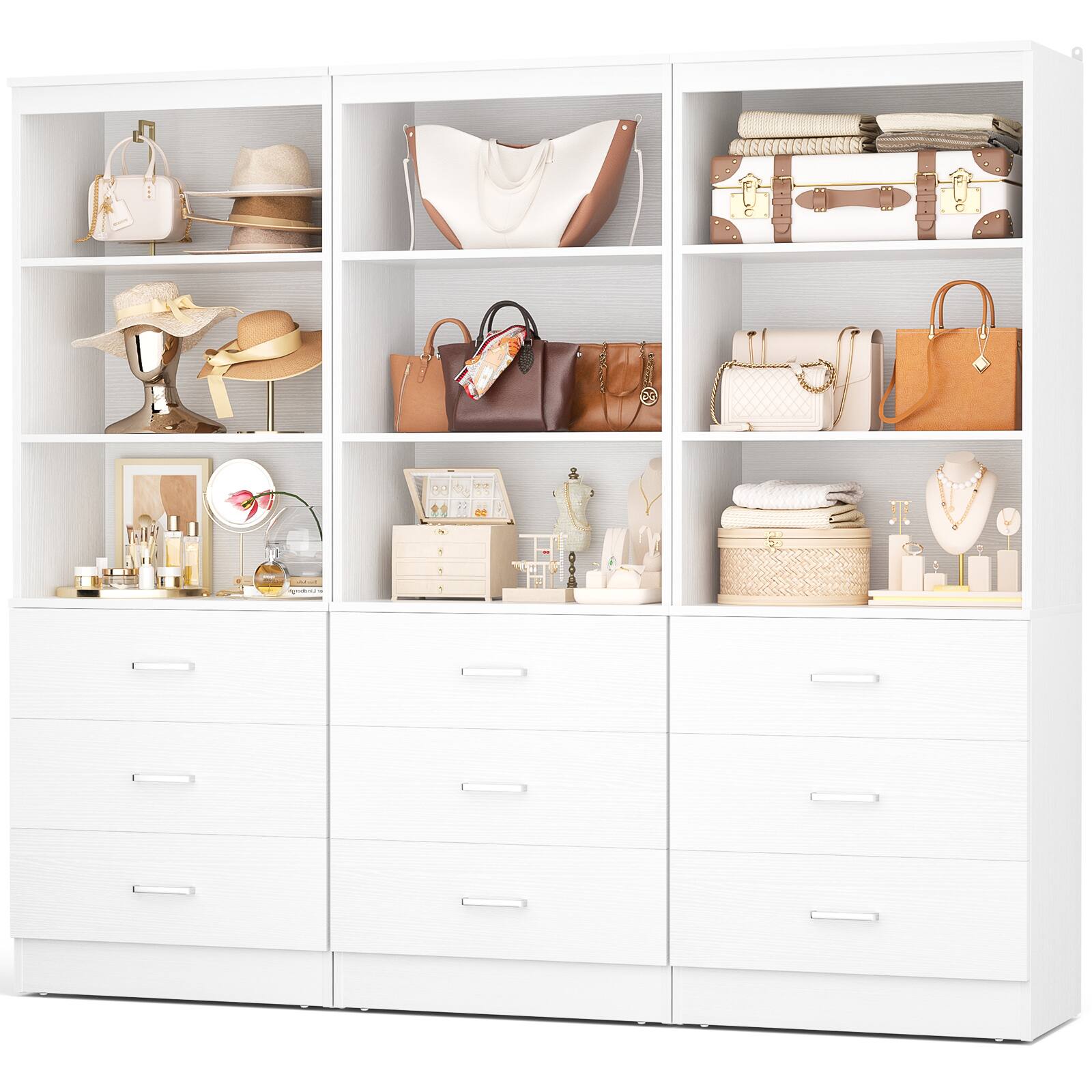 Angle. Aheaplus - 71'' Tall Pantry Cabinet, Freestanding Kitchen Storage Cabinet with 3 Drawers and Shelves, 3 Pack - White.