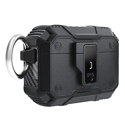 Front. UUCOVER - For Apple Airpods Pro 2nd Gen (2022) Protective Case with Button Lock and Metal Keychain, Shockproof Full-Body Cover - Black.