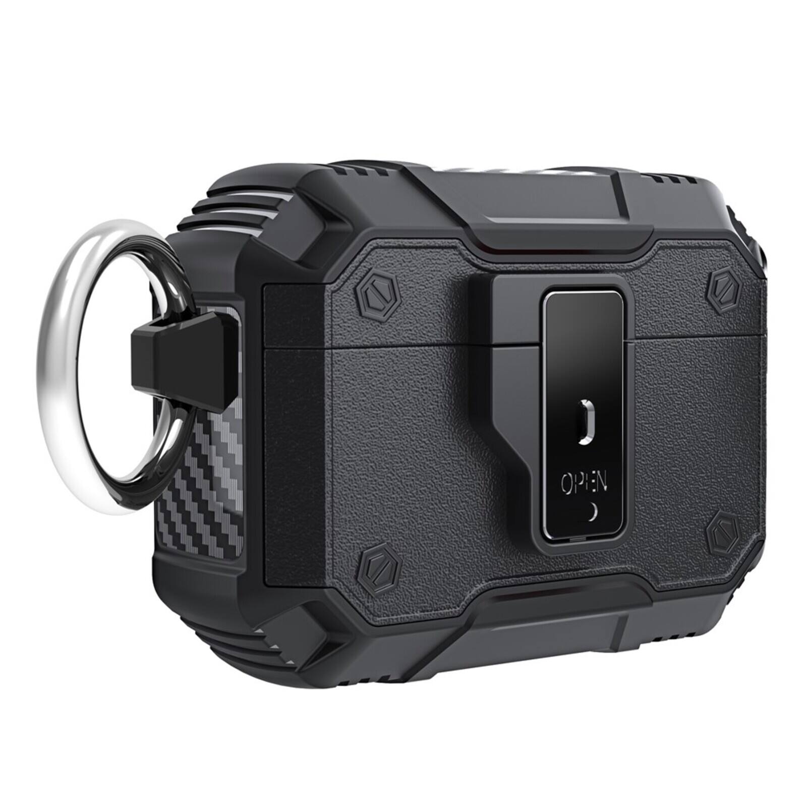 Front. UUCOVER - For Apple Airpods Pro 2nd Gen (2022) Protective Case with Button Lock and Metal Keychain, Shockproof Full-Body Cover - Black.