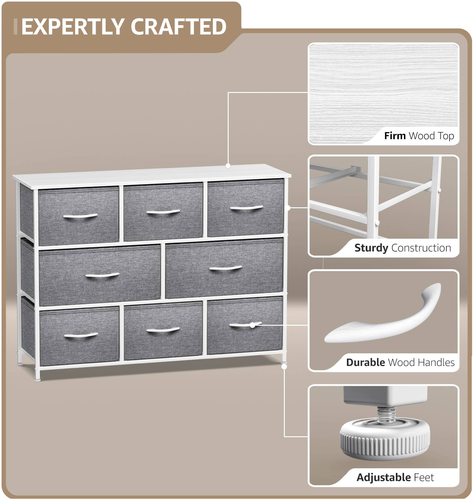 EXPERTLY CRAFTED

- Firm Wood Top
- Sturdy Construction
- Durable Wood Handles
- Adjustable Feet