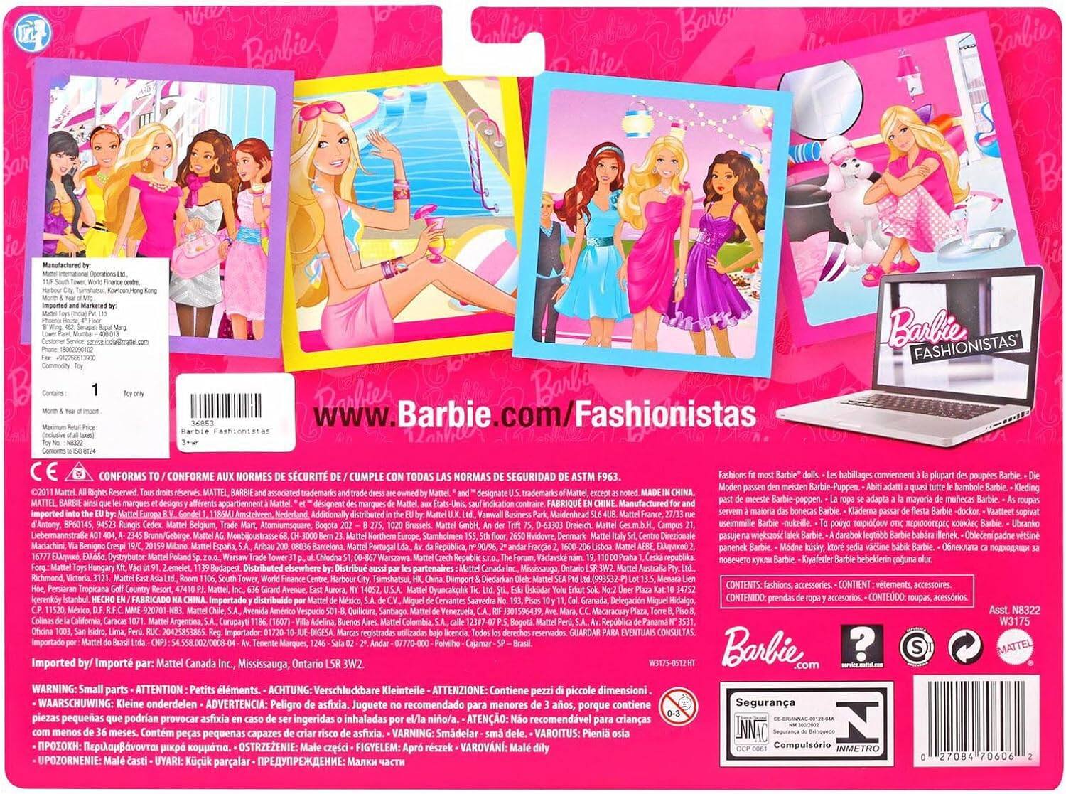 Sure, here is the corrected and grouped text from the image:

---

**Barbie Fashionistas**

**www.Barbie.com/Fashionistas**

**Manufactured by:**
Pronomex Ltd.
11/F South Tower, World Finance Centre,
Harbour City, Tsimshatsui, Kowloon, Hong Kong
Imported and Marketed by:
Mattel (India) Pvt. Ltd.
1B Wing, 625 Senapati Bapat Marg, Mumbai
Customer Service: service.india@barbie.com
Phone: 18002000100
Commodity Toy

**Contains:**
1 Toy only

**Model & Year of Import:**
Mattel (India) Pvt. Ltd.
Maximum Retail Price: Rs. 1,499/-
Toy: 36188
Contents: 581242

**CONFORMS TO ALL APPLICABLE SAFETY STANDARDS:**
CE, EN71, ASTM F963, AS/NZS ISO 8124, EN71-1, EN71-2, EN71-3, EN71-4, EN71-