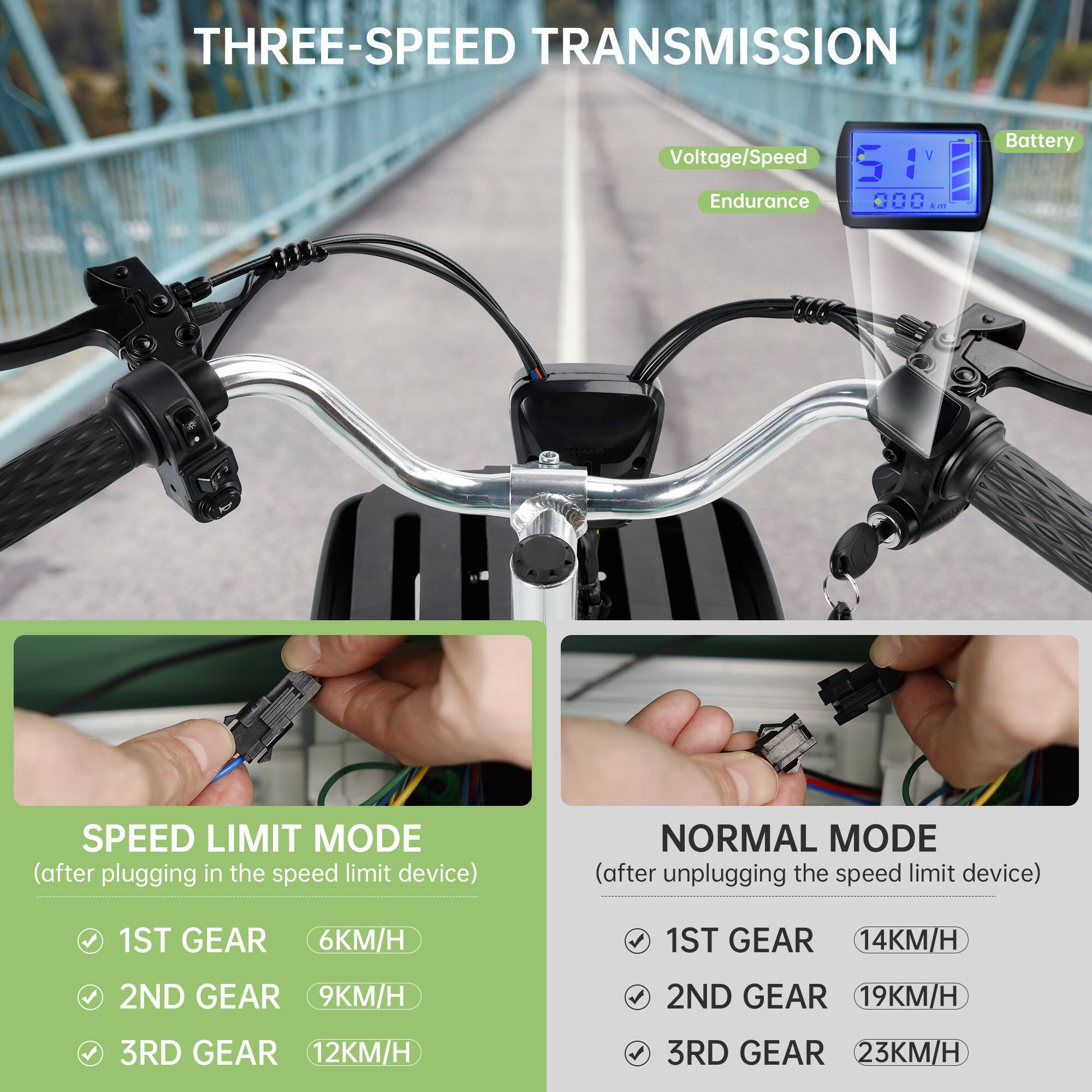 **THREE-SPEED TRANSMISSION**

- **SPEED LIMIT MODE** (after plugging in the speed limit device)
  - 1ST GEAR: 6KM/H
  - 2ND GEAR: 9KM/H
  - 3RD GEAR: 12KM/H

- **NORMAL MODE** (after unplugging the speed limit device)
  - 1ST GEAR: 14KM/H
  - 2ND GEAR: 19KM/H
  - 3RD GEAR: 23KM/H

**Voltage/Speed**  
**Endurance**  
**Battery**
