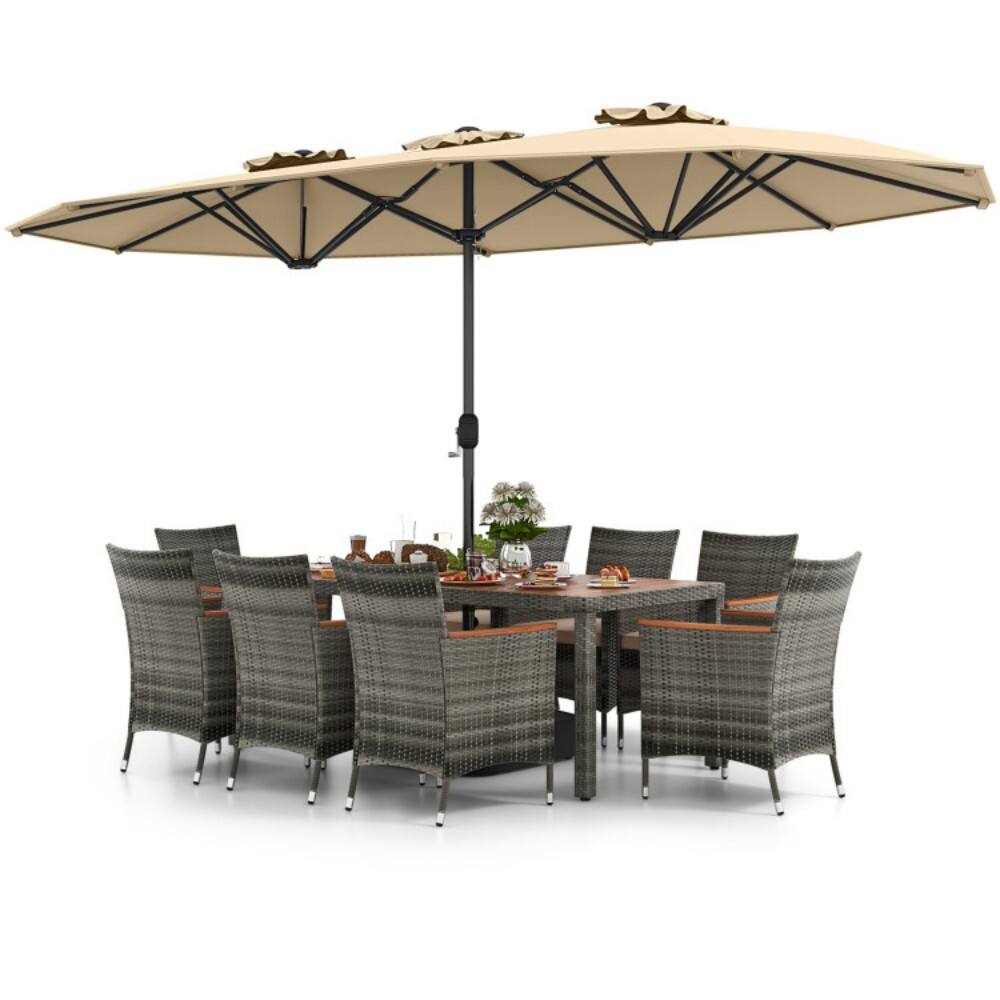 Front. Mondawe - 10 Pieces Patio Wicker Dining Set with 15 Feet Double-Sided Patio Umbrella - Beige.
