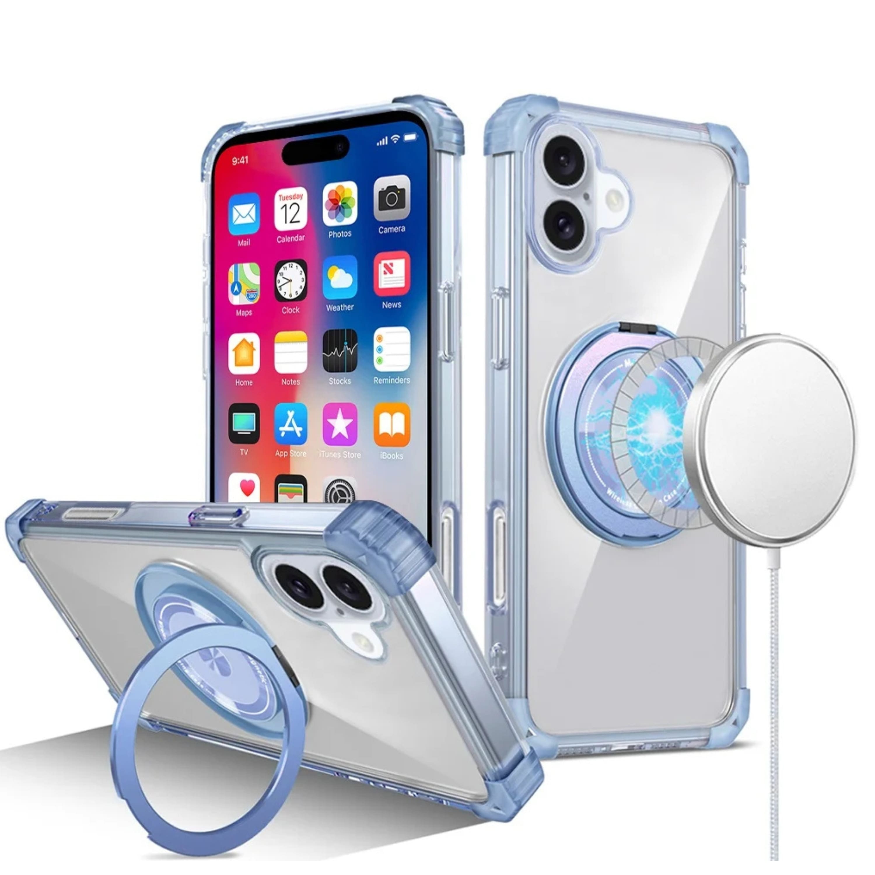 Kitcheniva - Translucent Magnetic Circle Kickstand Case With Tempered Glass For iPhone 16 6.1 Inch Light - Blue price history on PriceWatchPro
