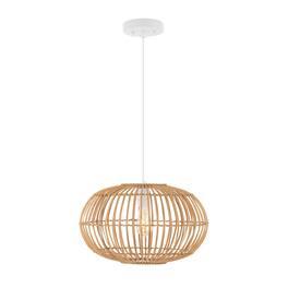 Jonathan Y - Leo 17.5" 1-Light Farmhouse Coastal Rattan 180" Cord Plug-In or Hardwired LED Pendant - Brown