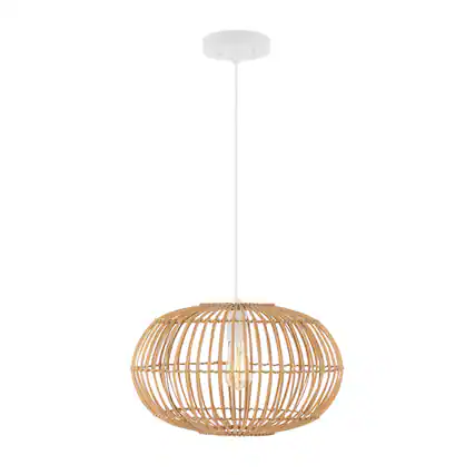 Front. Jonathan Y - Leo 17.5" 1-Light Farmhouse Coastal Rattan 180" Cord Plug-In or Hardwired LED Pendant, Brown - Brown.