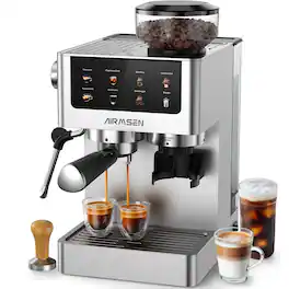 AIRMSEN - Espresso Machine with Burr Grinder, Cold Brew Coffee Machine for Cappuccino Latte Americano - Stainless Steel