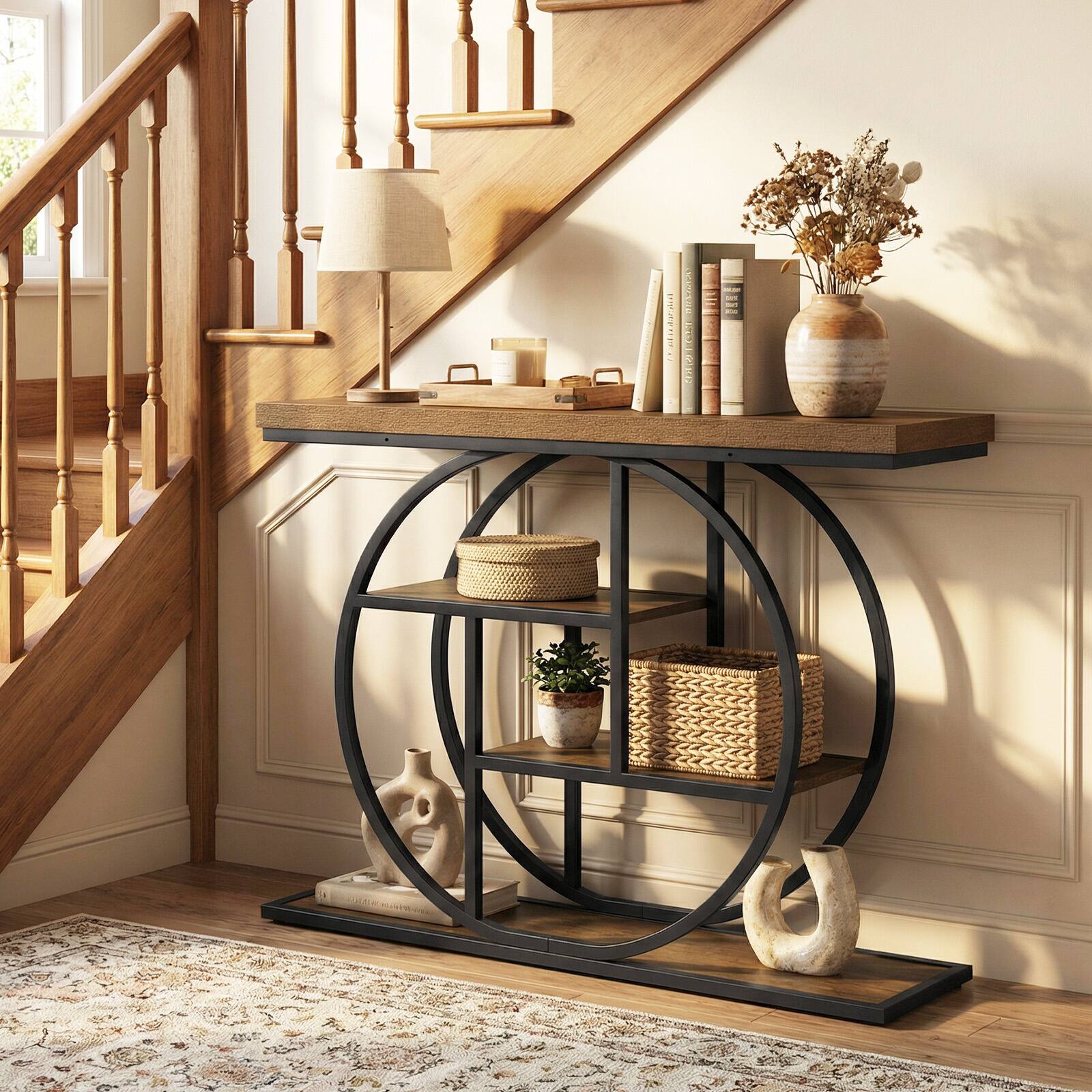 Alt View 4. Gymax - Gymax 4-Tier Console Table w/Storage Shelves Circle Base Accent Behind Couch Table Rustic Brown - Brown.
