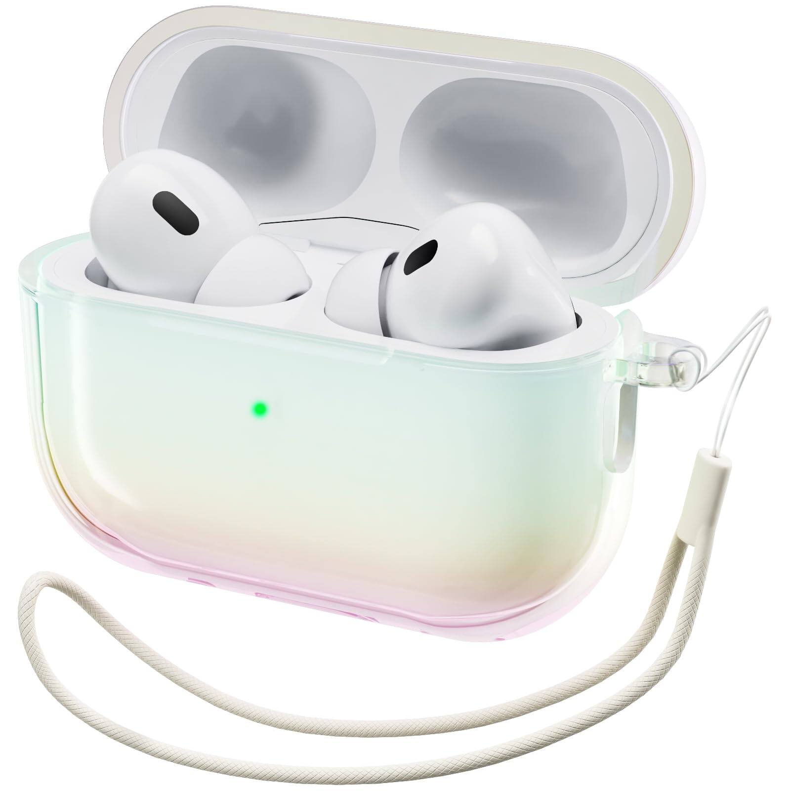 Ornarto - for AirPods Pro 2nd Case(2023/2022),Gradient Clear TPU,Full Drop Protection Cover with Lanyard - Iridescent Clear