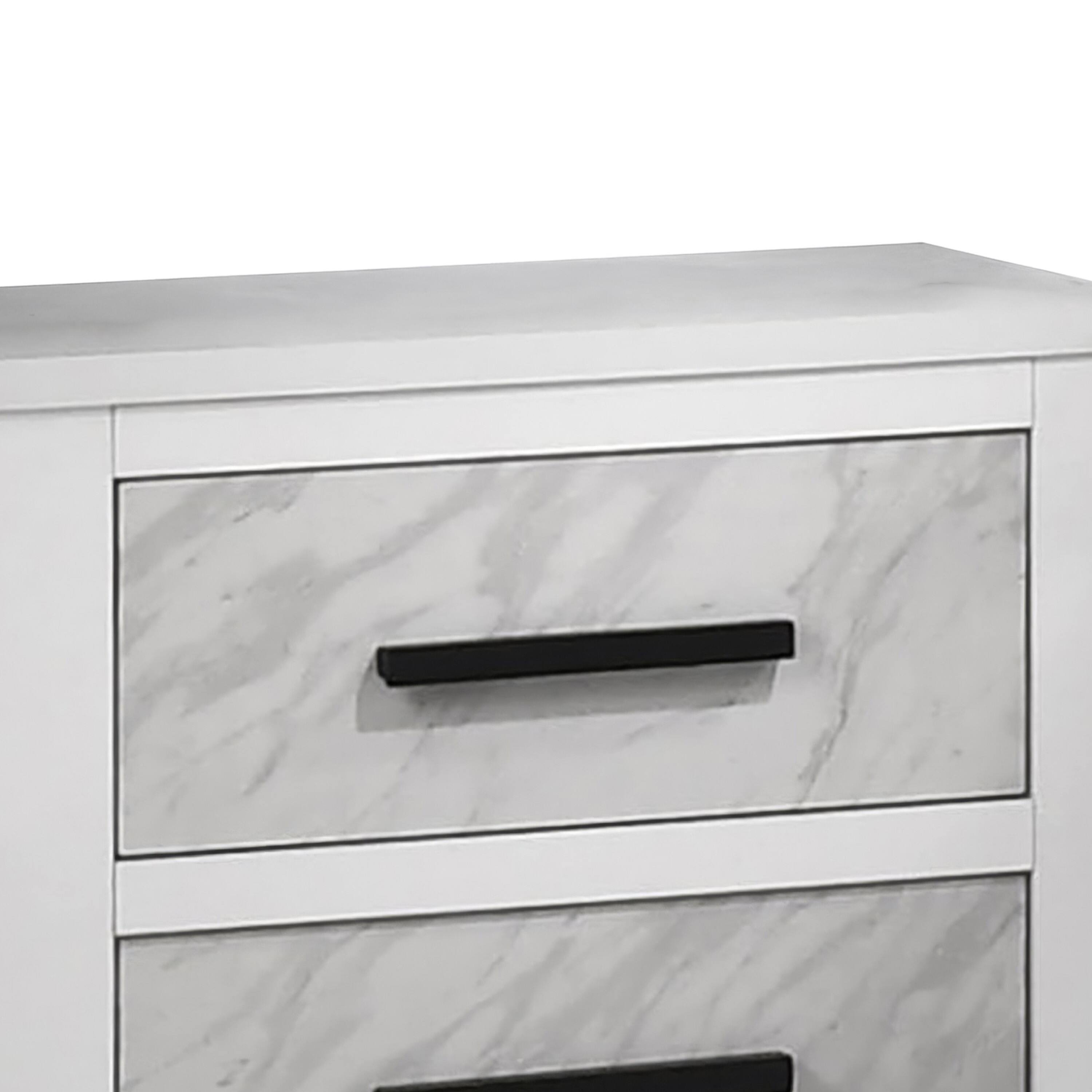 Alt View 1. Manhattan Lane - Feza Nightstand, 2 Drawers with Faux Marble Inset, Pulls - White, Black.