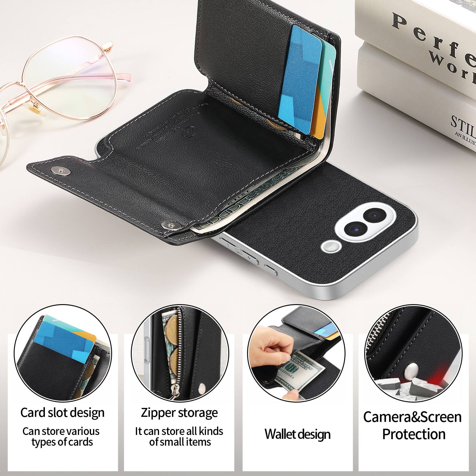 Perfe Worl STIL AN NILLUS  
29395454 STRAWAY  

Card slot design  
Can store various types of cards  

Zipper storage  
It can store all kinds of small items  

Camera&Screen Wallet design  
Protection