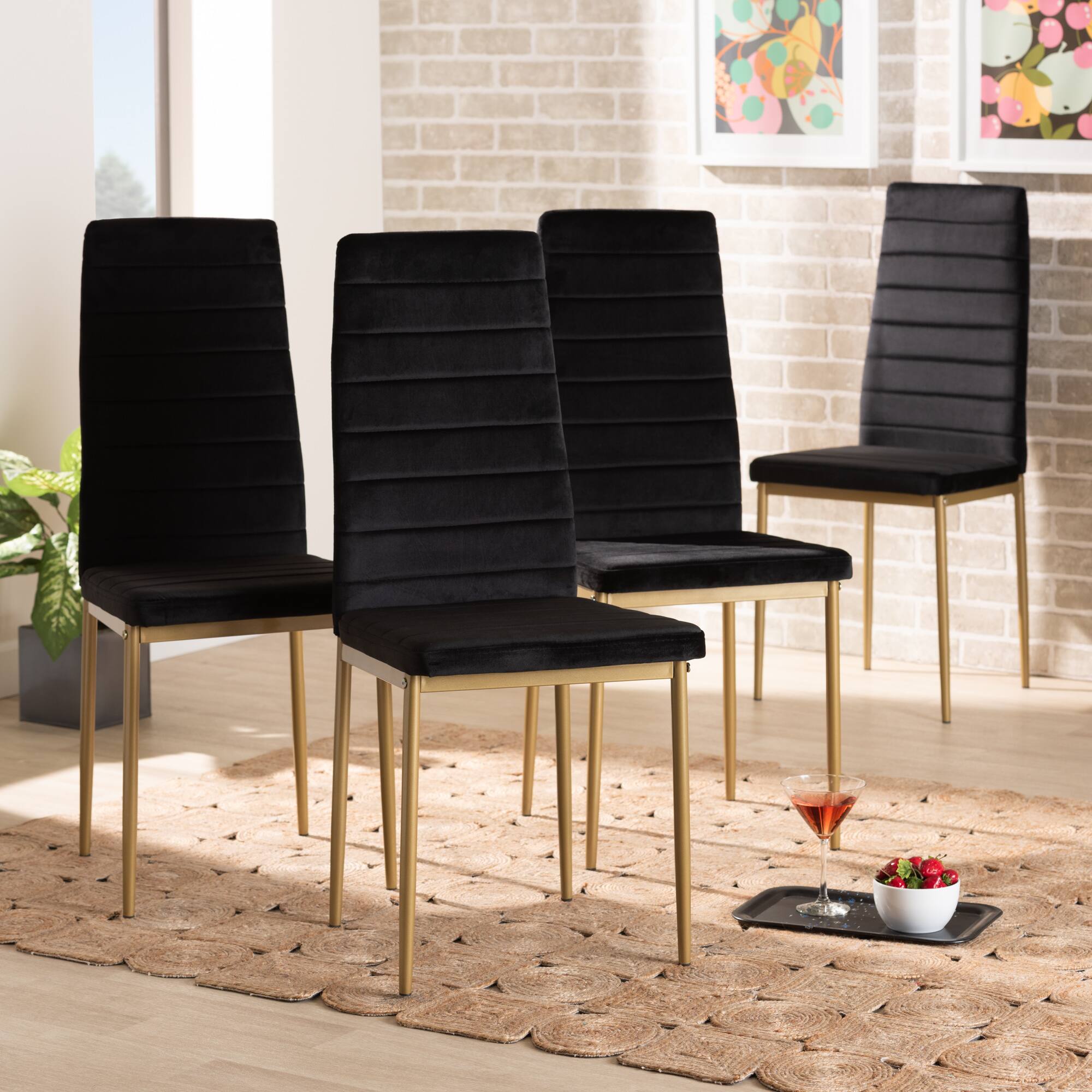 Alt View 2. Baxton Studio - Armand Glam Velvet Fabric Upholstered and Gold Finished Metal 4-Piece Dining Chair Set - Black/Gold.