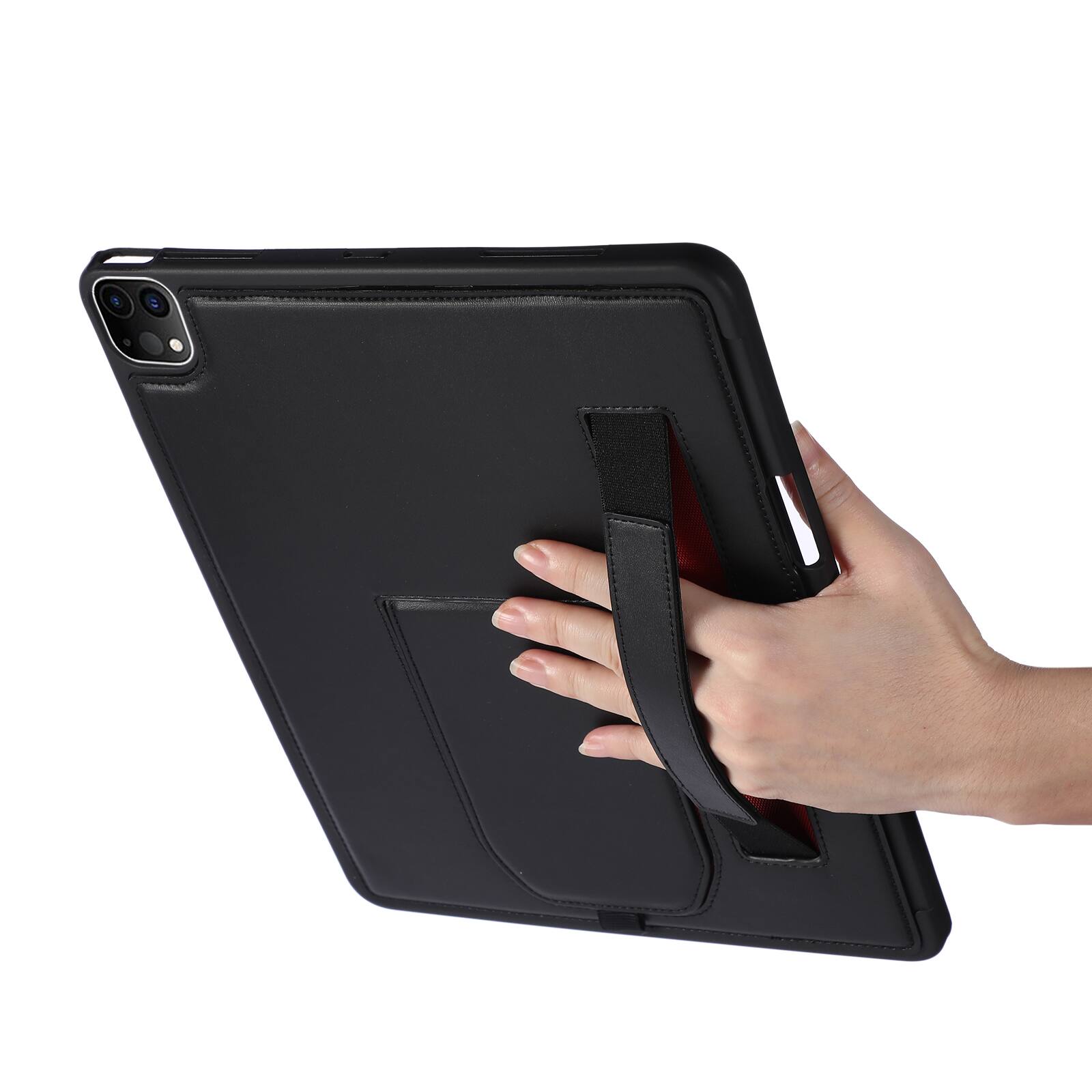 Left. Dteck - Shockproof Case for Apple iPad Air (M4) 13" 2026 with Hand Strap and Foldable Kickstand, PU Leather TPU Protective Cover - Black.