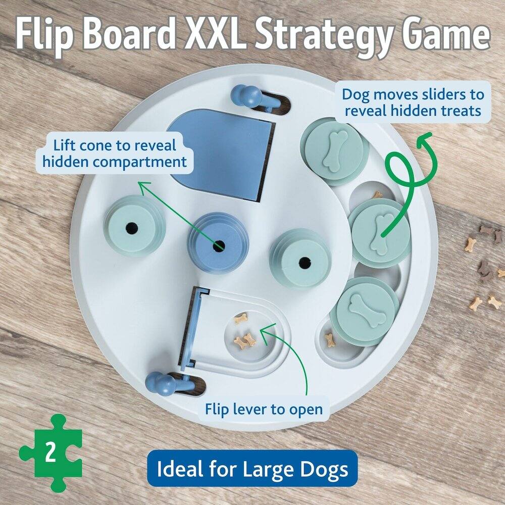 Flip Board XXL Strategy Game

- Dog moves sliders to reveal hidden treats
- Lift cone to reveal hidden compartment
- Flip lever to open

Ideal for Large Dogs