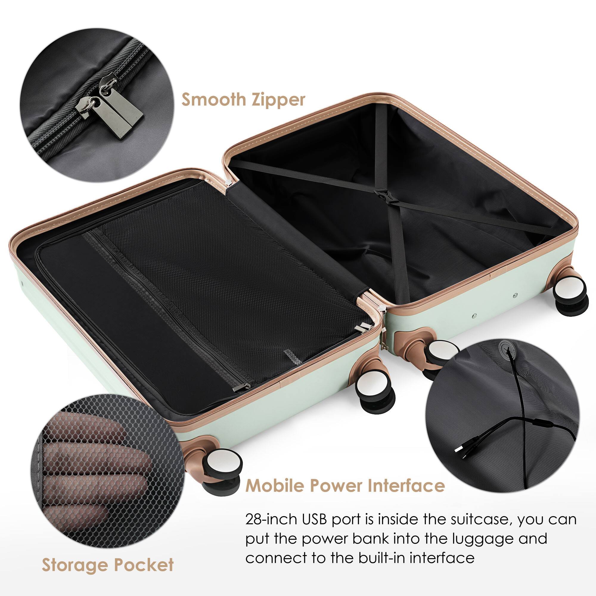 Smooth Zipper  
Mobile Power Interface  
Storage Pocket  

28-inch USB port is inside the suitcase, you can put the power bank into the luggage and connect to the built-in interface