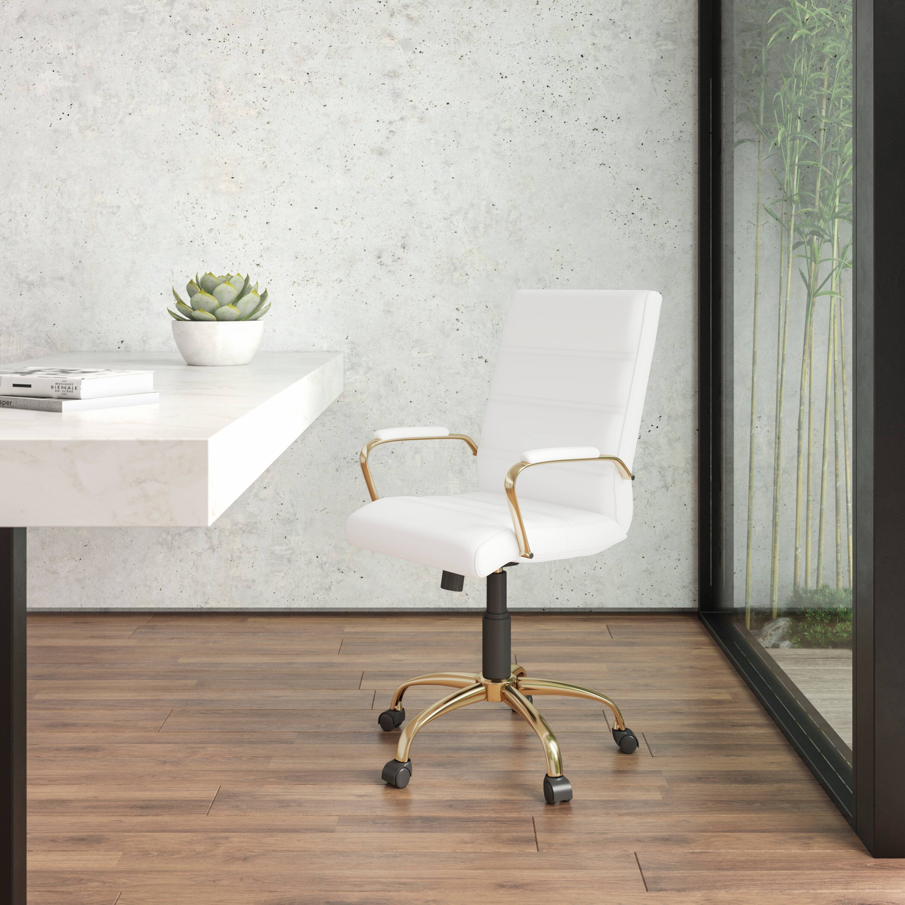 Alt View 1. Emma + Oliver - Mid-Back Executive Swivel Office Chair with Metal Frame and Arms - White LeatherSoft/Gold Frame.
