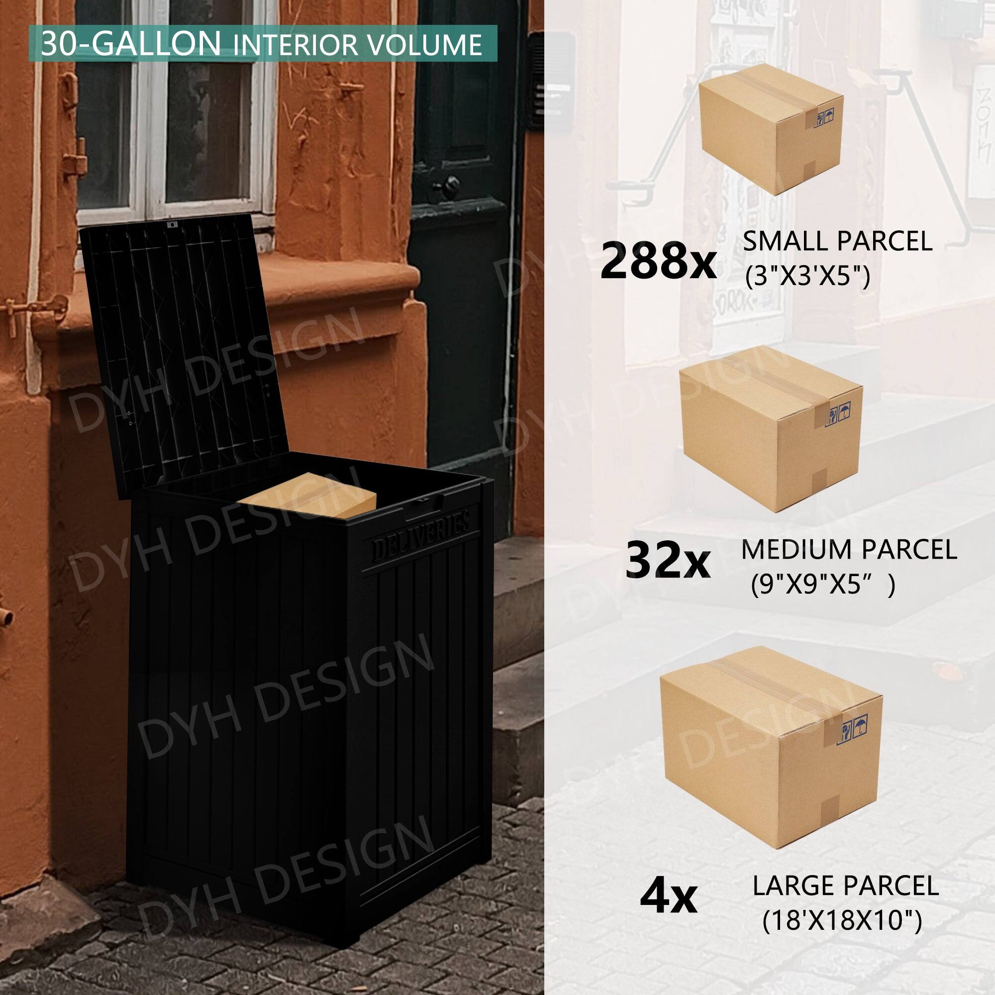 30-GALLON INTERIOR VOLUME

- 288x SMALL PARCEL (3"X3'X5")
- 32x MEDIUM PARCEL (9"X9"X5")
- 4x LARGE PARCEL (18'X18X10")
