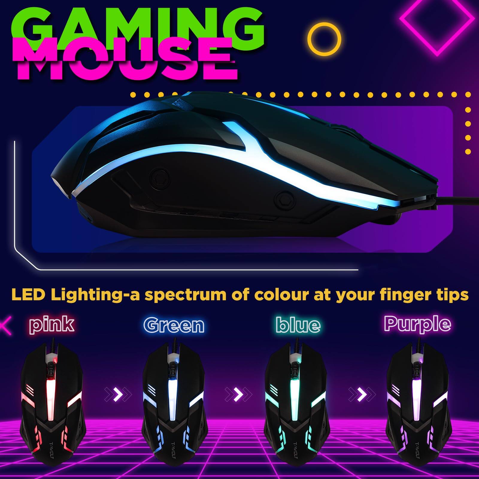 GAMING MOUSE

LED Lighting - a spectrum of colour at your finger tips

pink Green blue Purple

T-WOLF