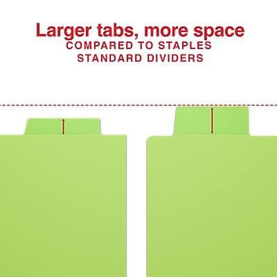 Larger tabs, more space  
COMPARED TO STAPLES STANDARD DIVIDERS